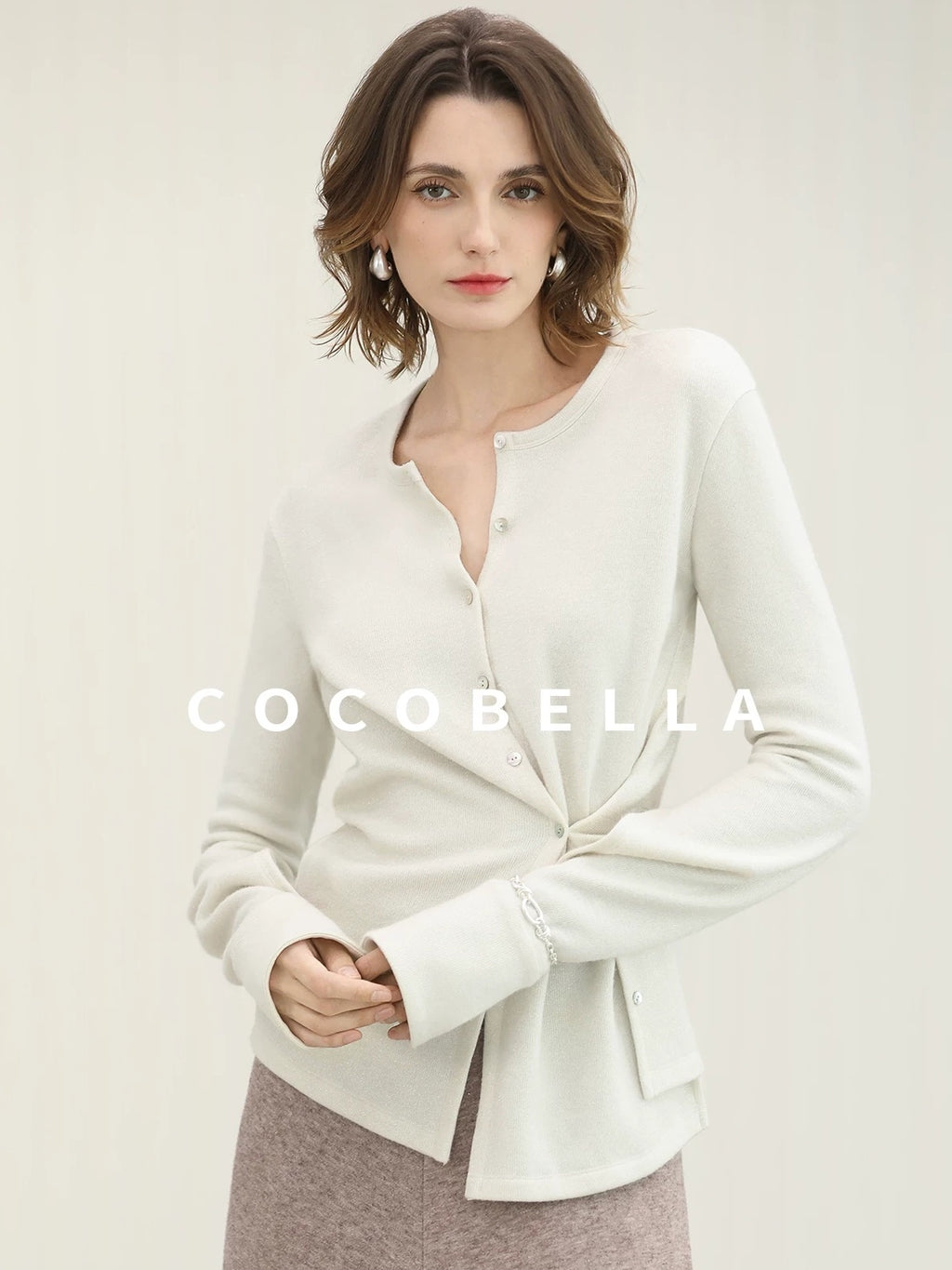 COCOBELLA Soft Thick Asymmetric Button Cardigan Office Round Neck Long Sleeve Shirts