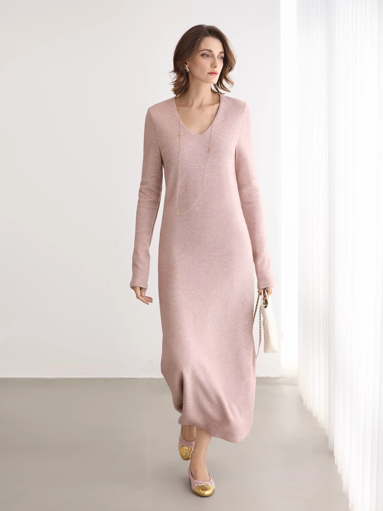 COCOBELLA_Soft_Thick_Knit_Straight_Fit_V_Neck_Long_Sleeve_Pullover_Office_Knit_Dresses_MISSTT