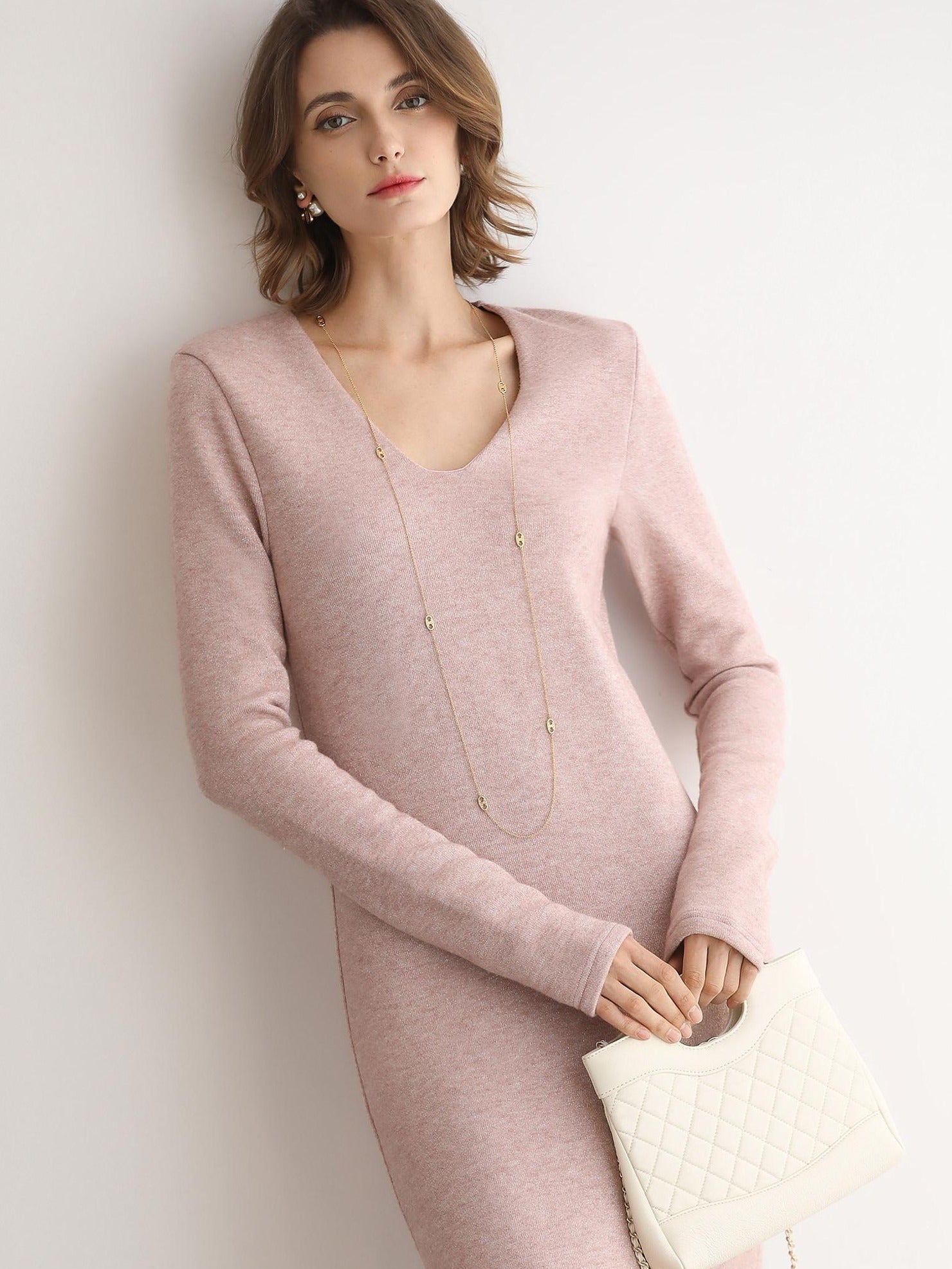 COCOBELLA Soft Thick Knit Straight Fit V Neck Long Sleeve Pullover Office Knit Dresses