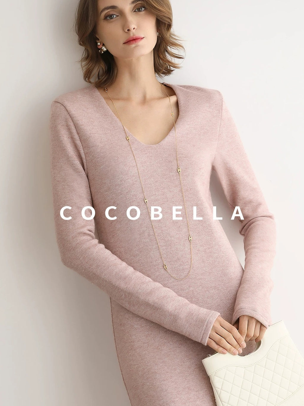 COCOBELLA Soft Thick Knit Straight Fit V Neck Long Sleeve Pullover Office Knit Dresses