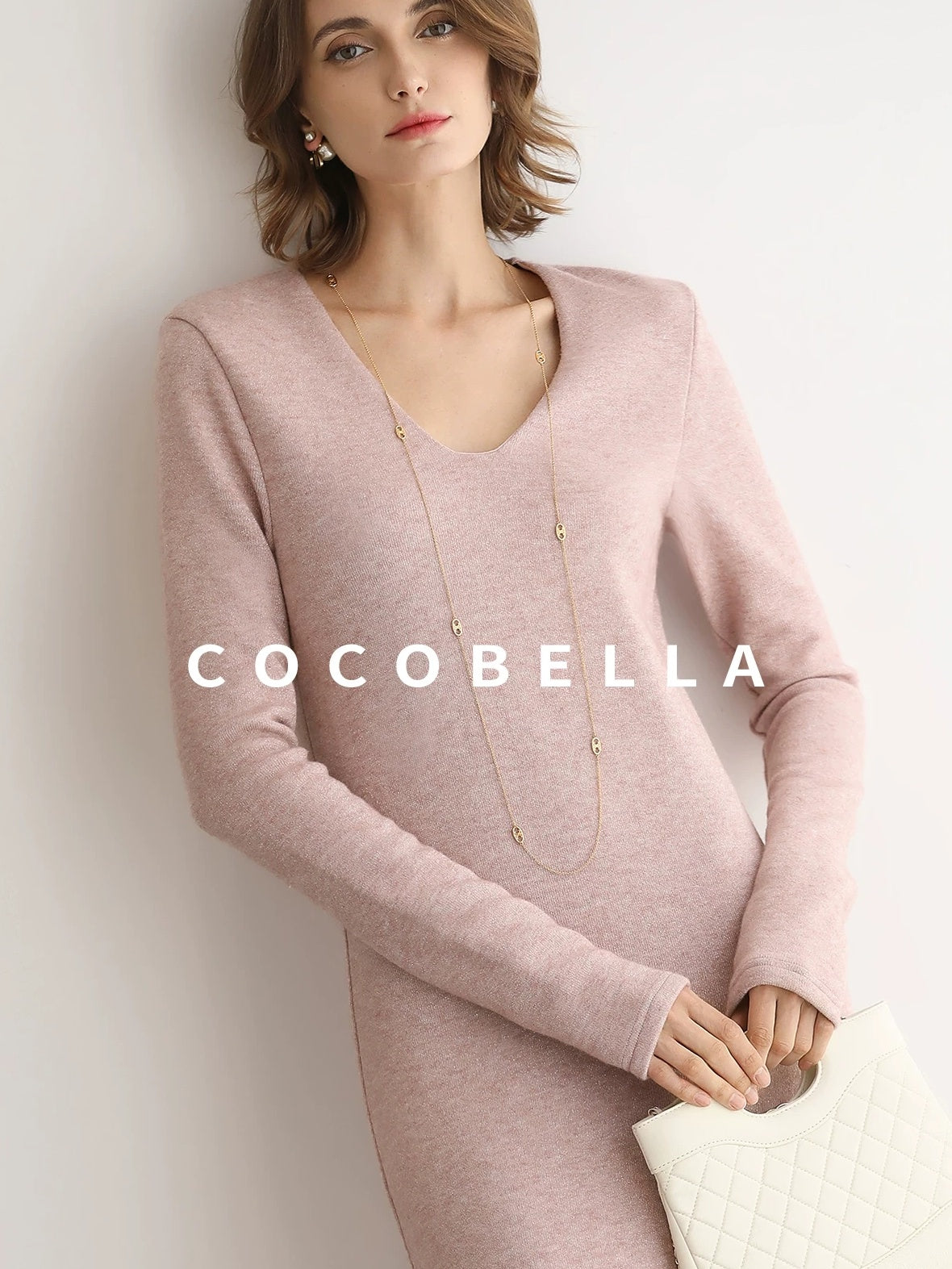 COCOBELLA Soft Thick Knit Straight Fit V Neck Long Sleeve Pullover Office Knit Dresses