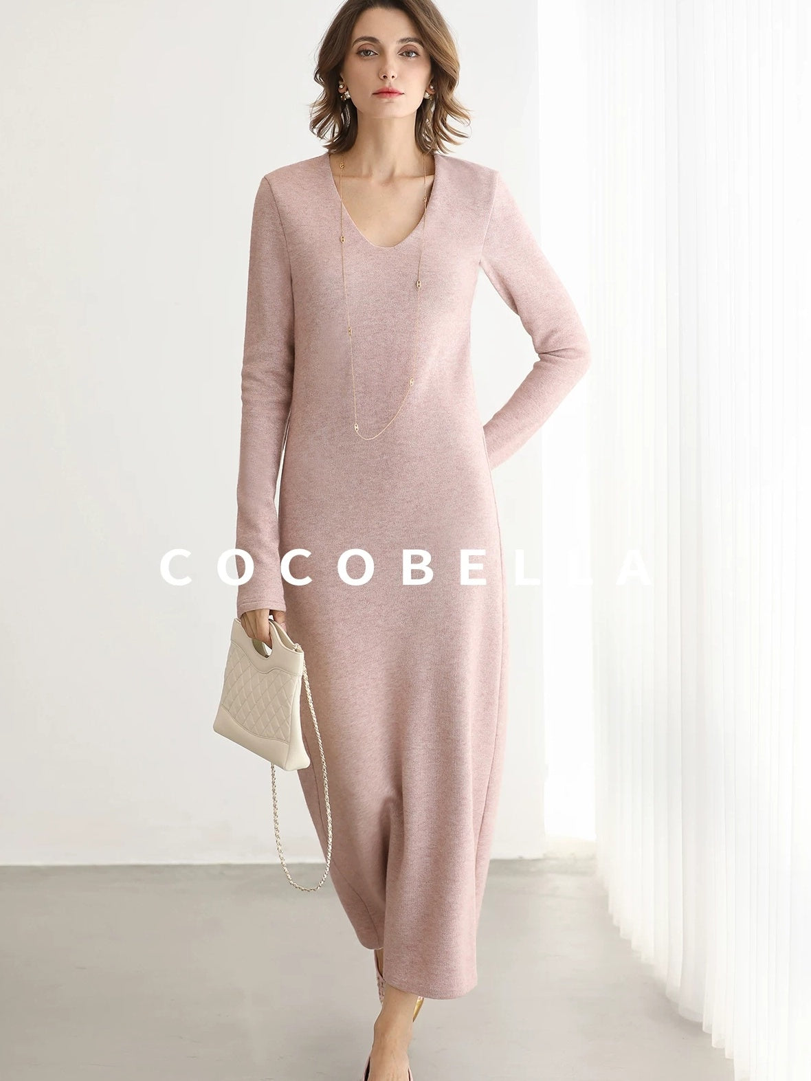 COCOBELLA Soft Thick Knit Straight Fit V Neck Long Sleeve Pullover Office Knit Dresses