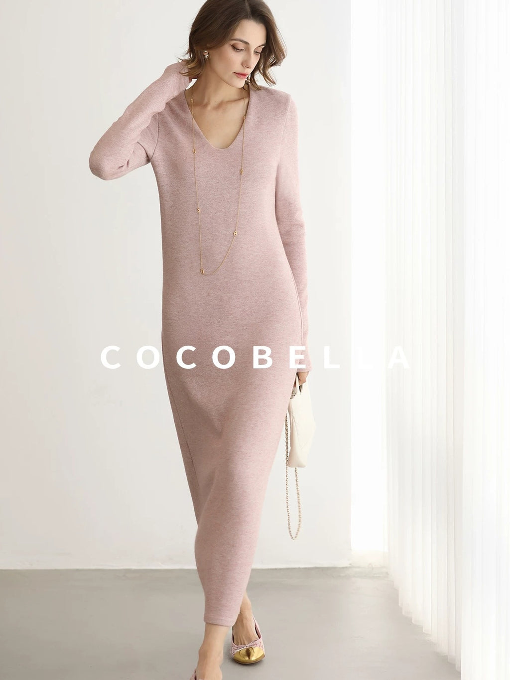 COCOBELLA Soft Thick Knit Straight Fit V Neck Long Sleeve Pullover Office Knit Dresses