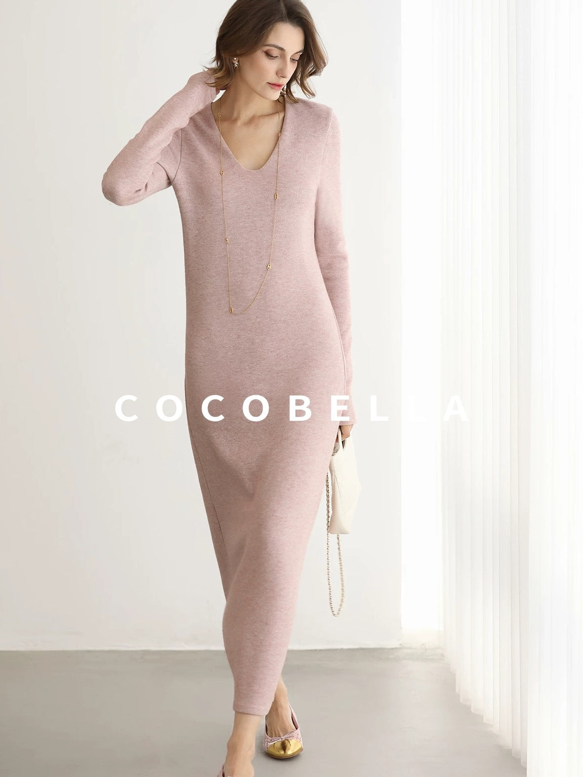 COCOBELLA Soft Thick Knit Straight Fit V Neck Long Sleeve Pullover Office Knit Dresses
