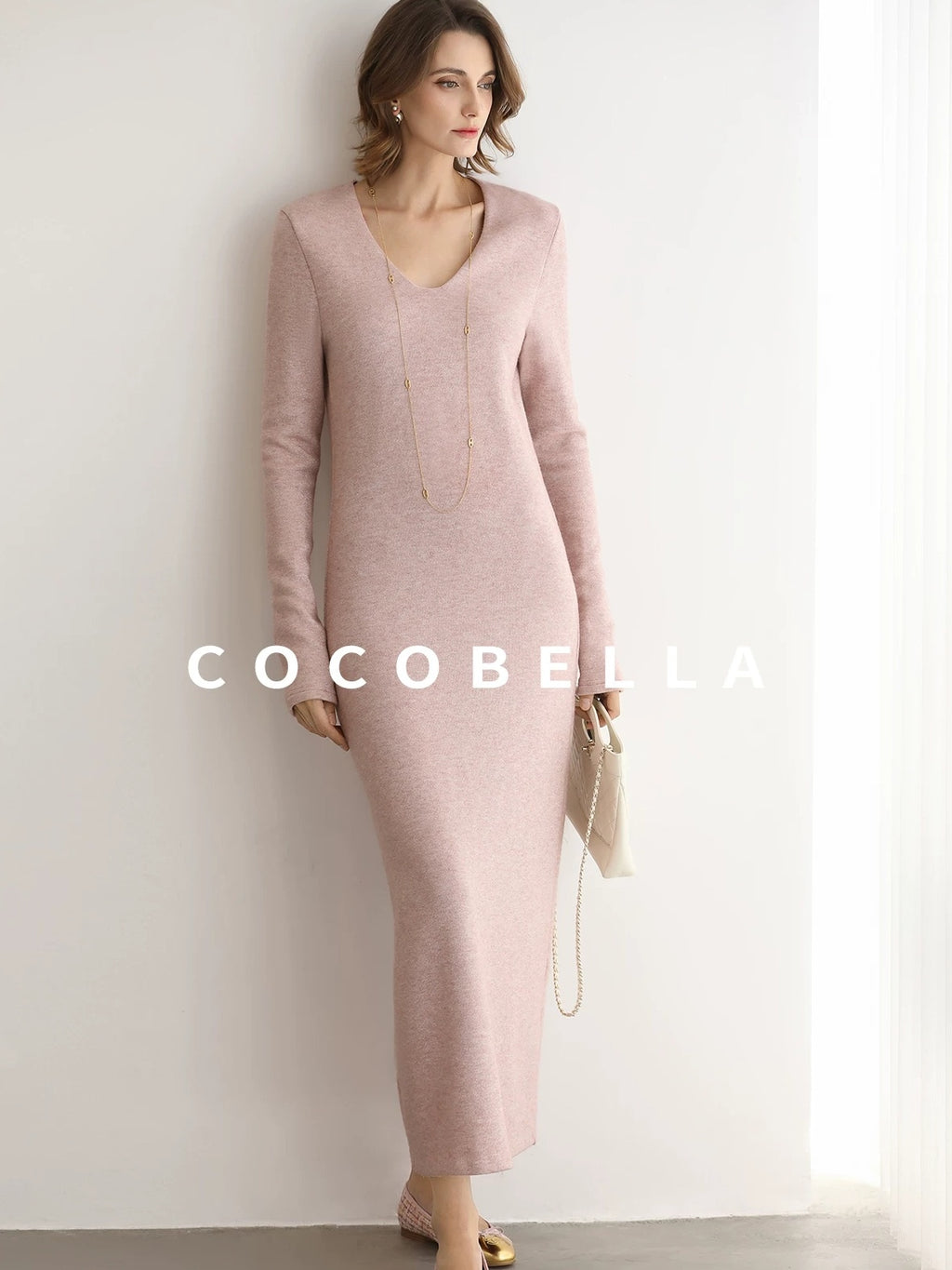 COCOBELLA Soft Thick Knit Straight Fit V Neck Long Sleeve Pullover Office Knit Dresses