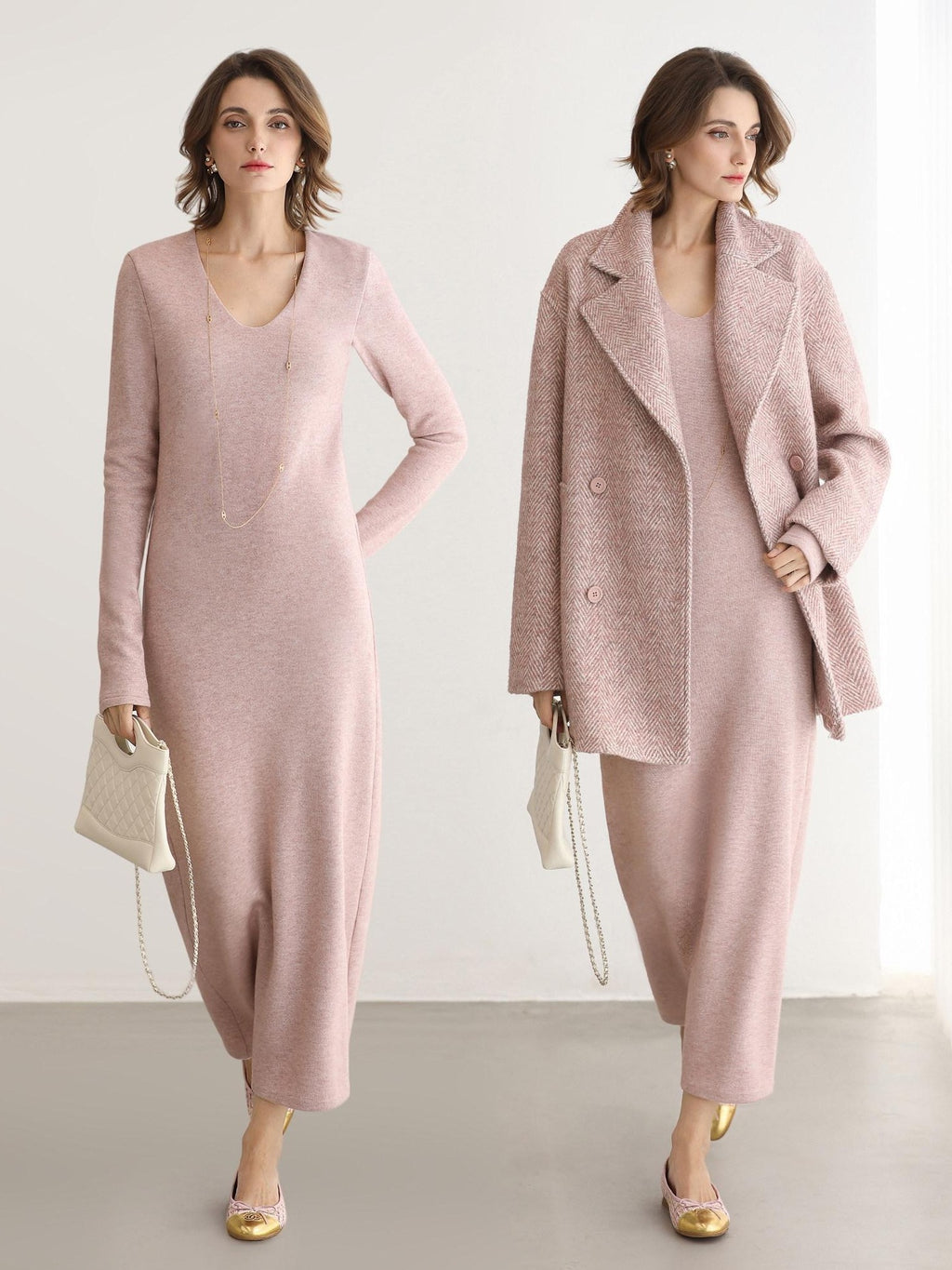 COCOBELLA Soft Thick Knit Straight Fit V Neck Long Sleeve Pullover Office Knit Dresses