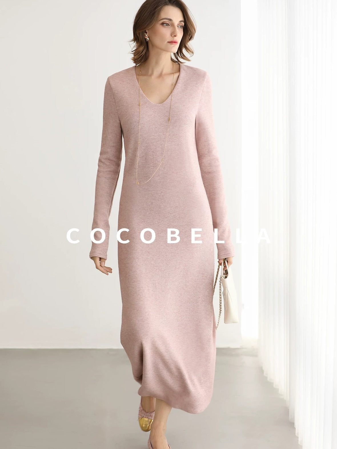 COCOBELLA Soft Thick Knit Straight Fit V Neck Long Sleeve Pullover Office Knit Dresses