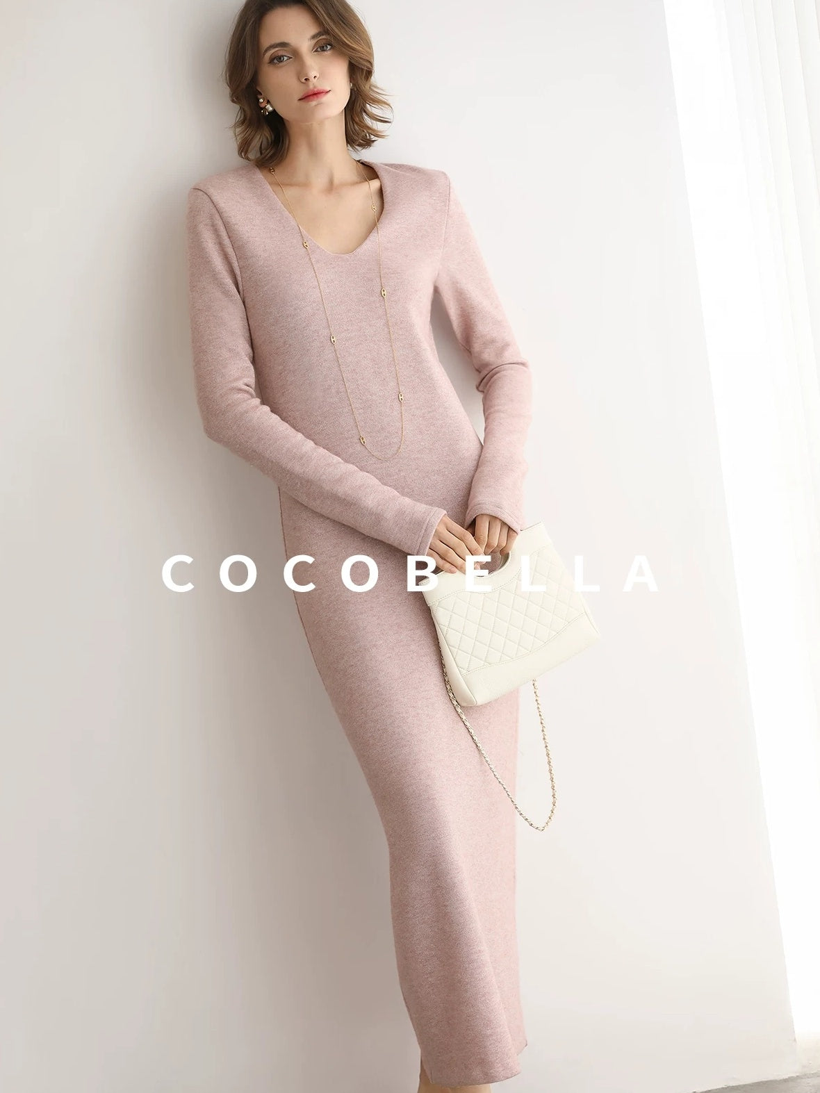 COCOBELLA Soft Thick Knit Straight Fit V Neck Long Sleeve Pullover Office Knit Dresses