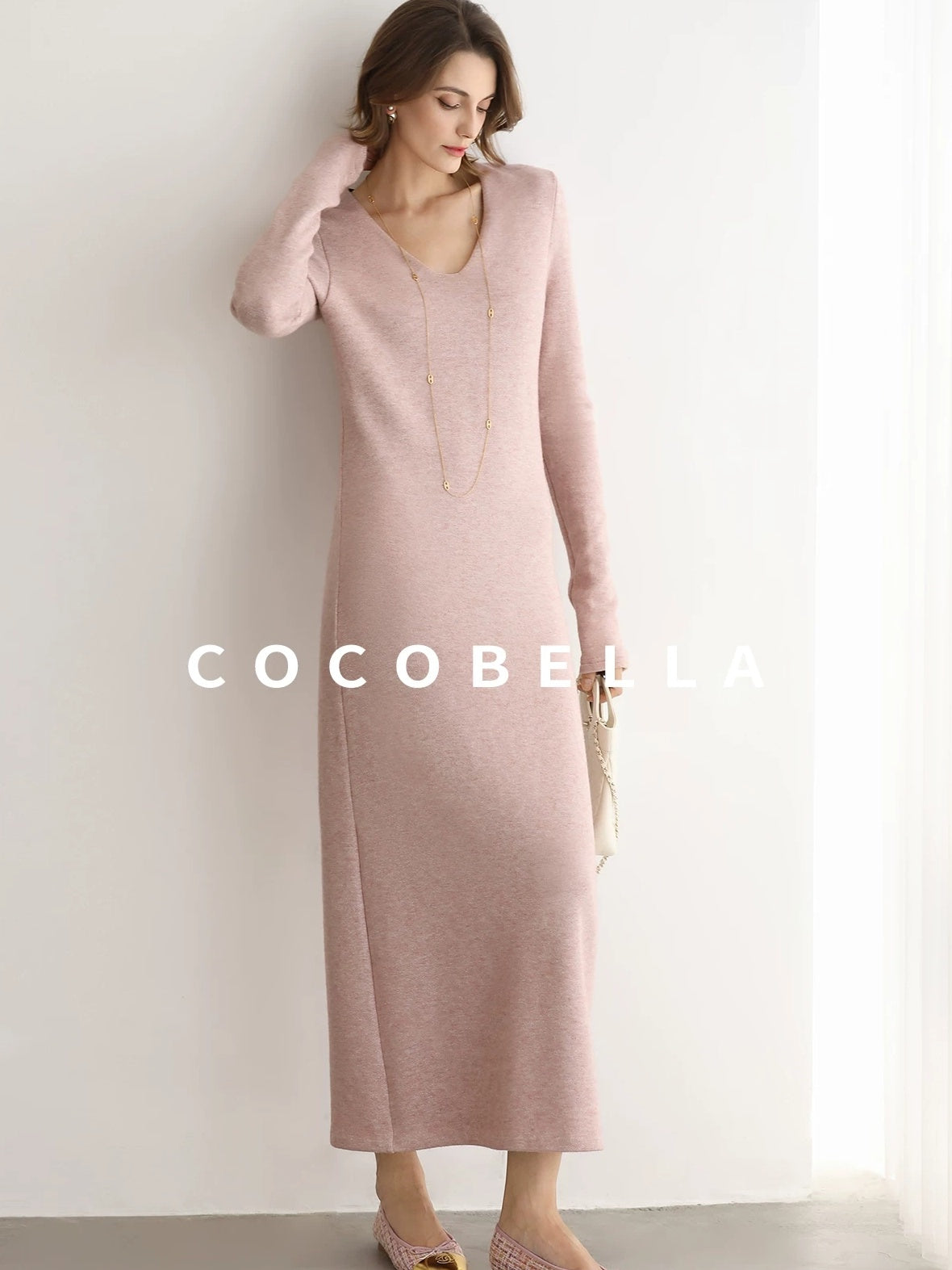 COCOBELLA Soft Thick Knit Straight Fit V Neck Long Sleeve Pullover Office Knit Dresses