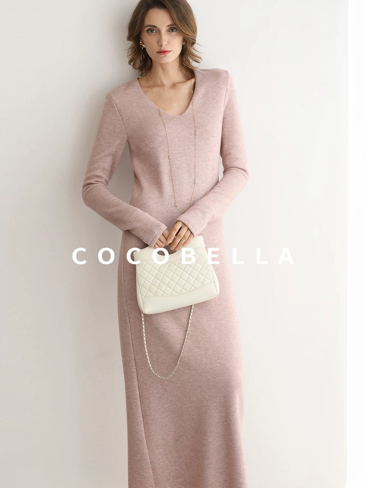 COCOBELLA Soft Thick Knit Straight Fit V Neck Long Sleeve Pullover Office Knit Dresses