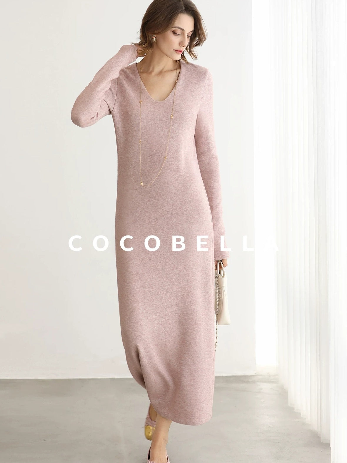 COCOBELLA Soft Thick Knit Straight Fit V Neck Long Sleeve Pullover Office Knit Dresses