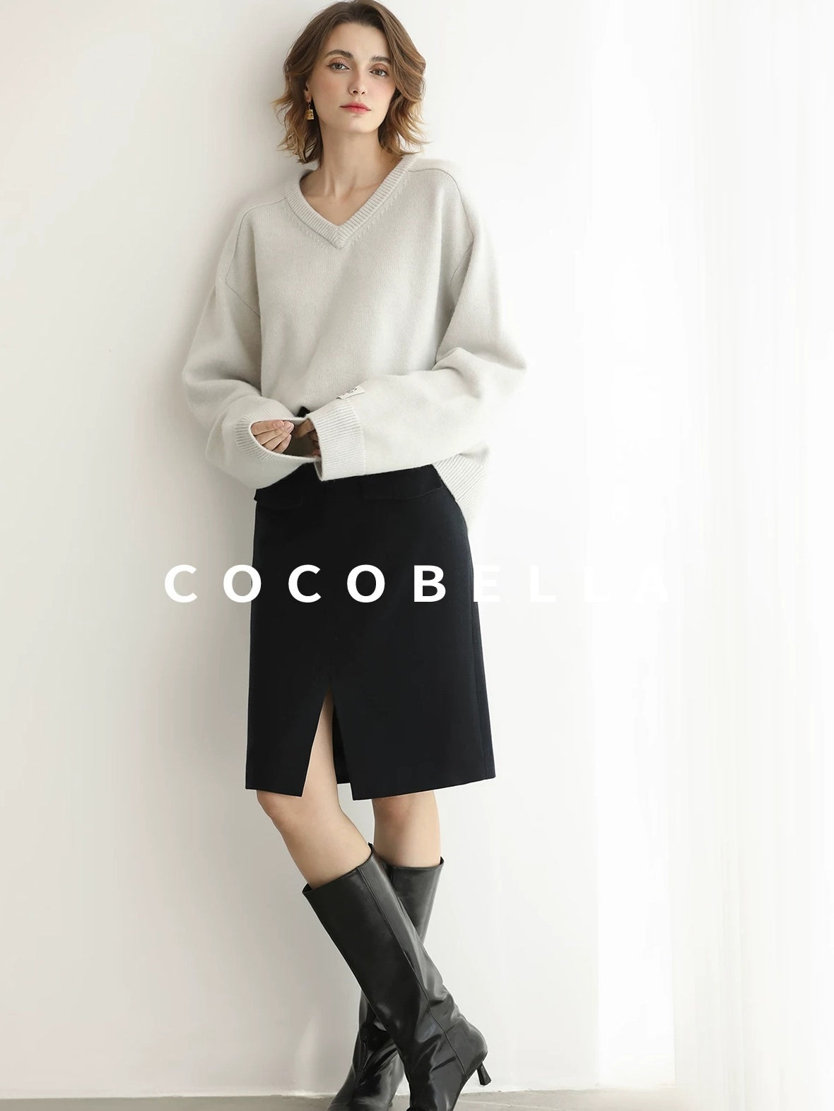 COCOBELLA Soft V Neck Knit Loose Fit Office Women Long Sleeve Solid Color Sweater