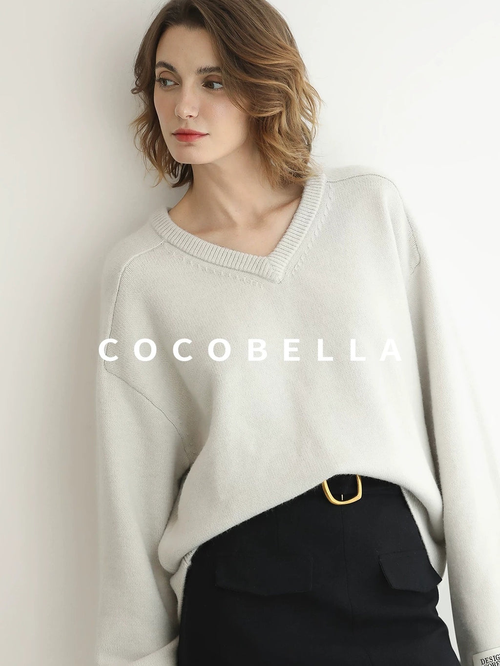 COCOBELLA Soft V Neck Knit Loose Fit Office Women Long Sleeve Solid Color Sweater