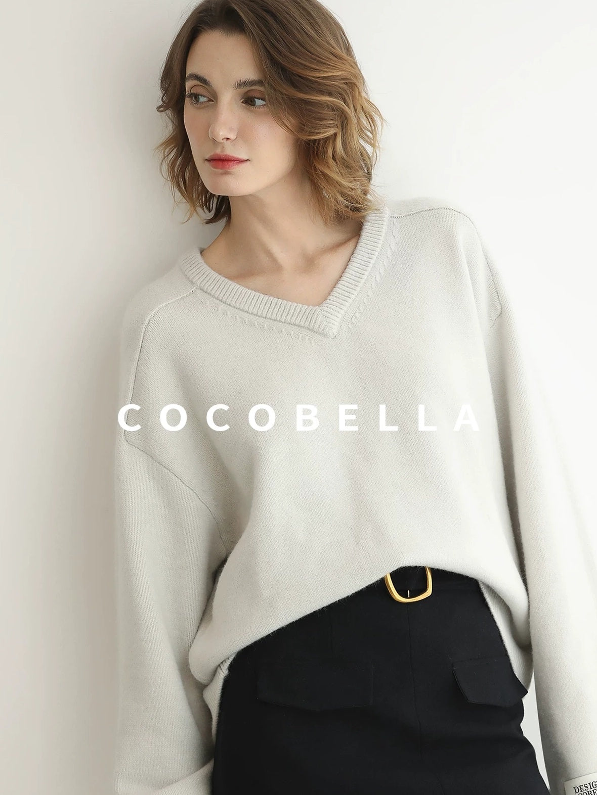 COCOBELLA Soft V Neck Knit Loose Fit Office Women Long Sleeve Solid Color Sweater