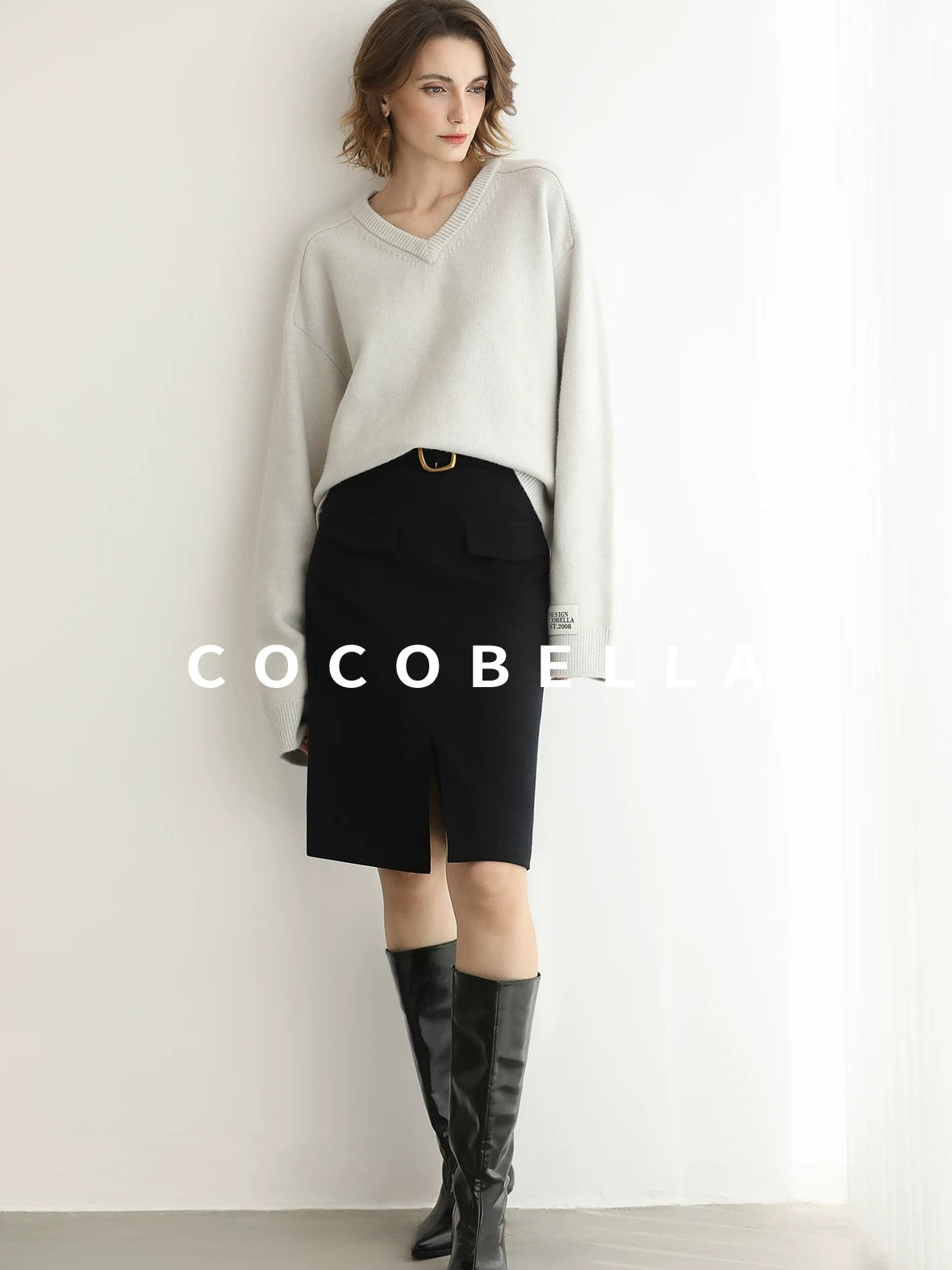 COCOBELLA Soft V Neck Knit Loose Fit Office Women Long Sleeve Solid Color Sweater