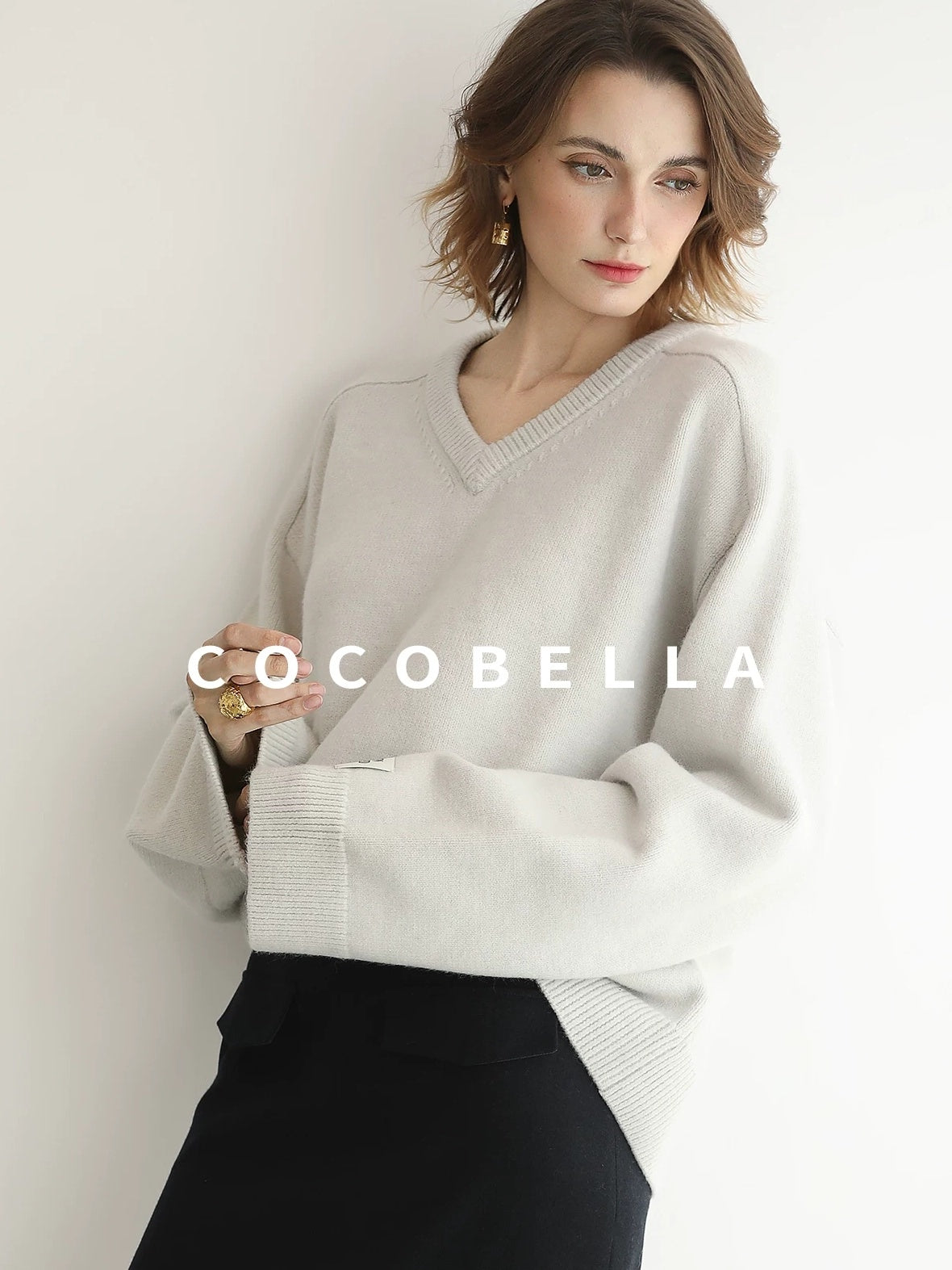 COCOBELLA Soft V Neck Knit Loose Fit Office Women Long Sleeve Solid Color Sweater