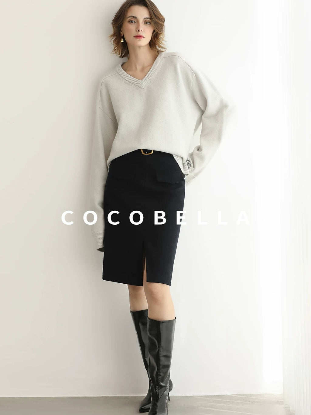 COCOBELLA Soft V Neck Knit Loose Fit Office Women Long Sleeve Solid Color Sweater