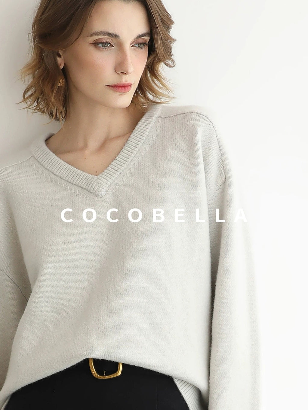 COCOBELLA Soft V Neck Knit Loose Fit Office Women Long Sleeve Solid Color Sweater