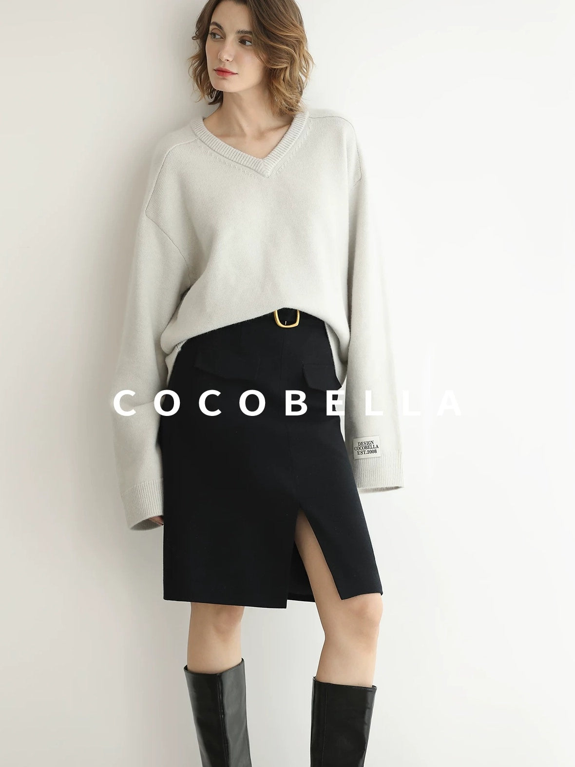 COCOBELLA Soft V Neck Knit Loose Fit Office Women Long Sleeve Solid Color Sweater