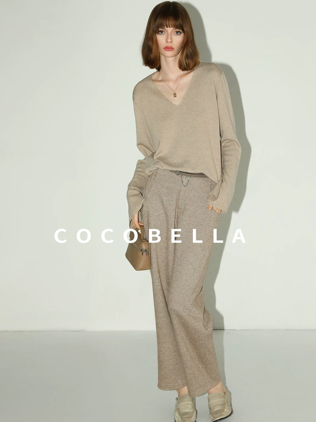 COCOBELLA Soft V Neck Knit Straight Fit Bell Sleeve Workwear Women Wool Blend Sweater