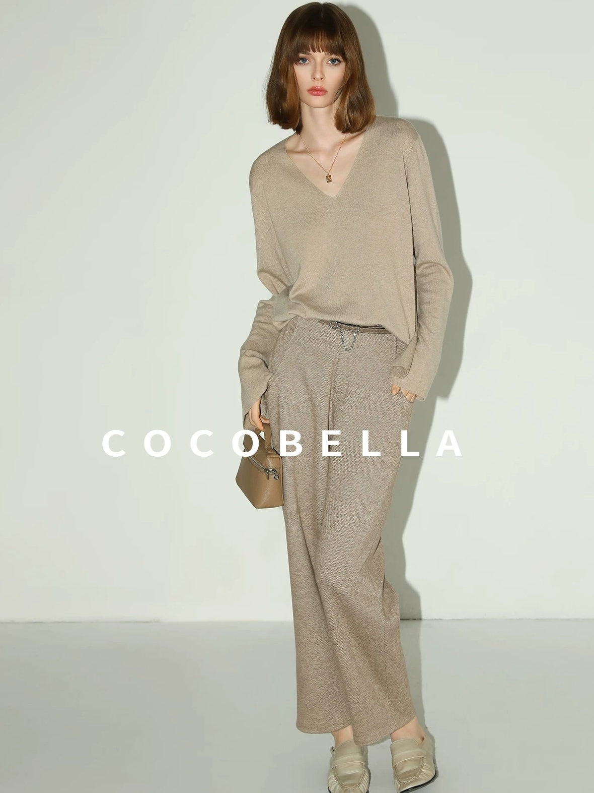 COCOBELLA Soft V Neck Knit Straight Fit Bell Sleeve Workwear Women Wool Blend Sweater