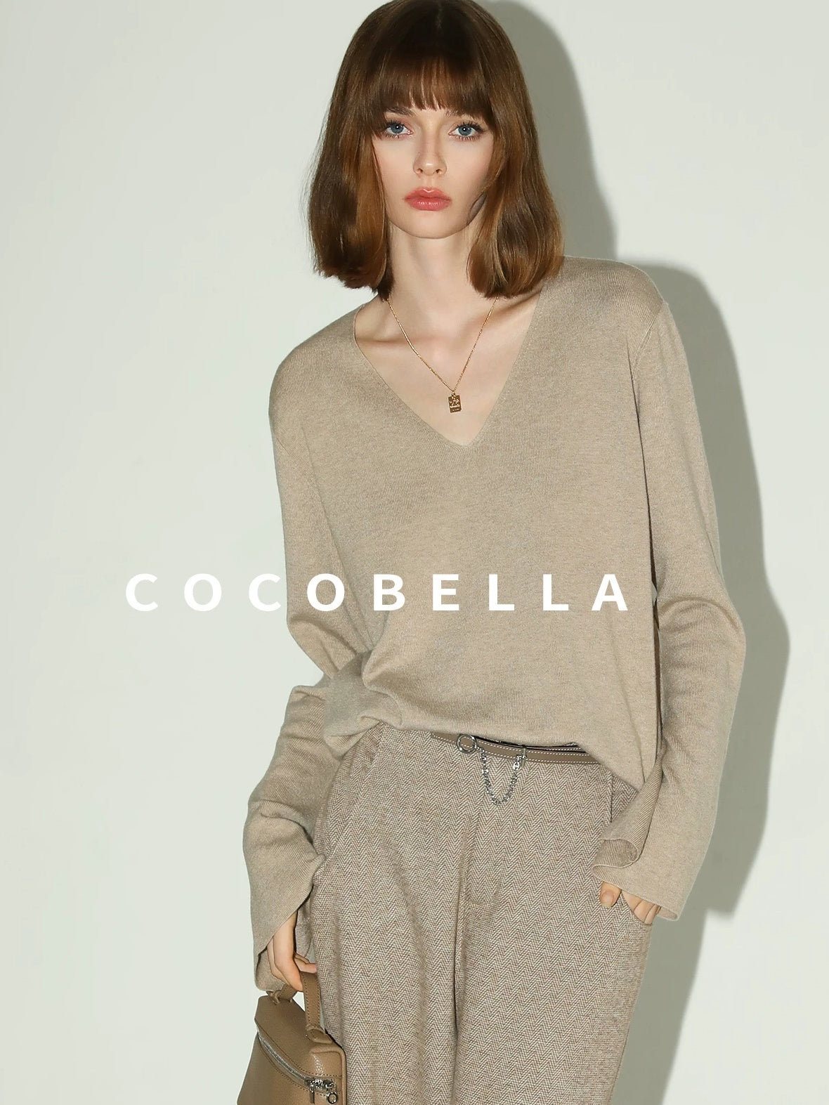 COCOBELLA Soft V Neck Knit Straight Fit Bell Sleeve Workwear Women Wool Blend Sweater