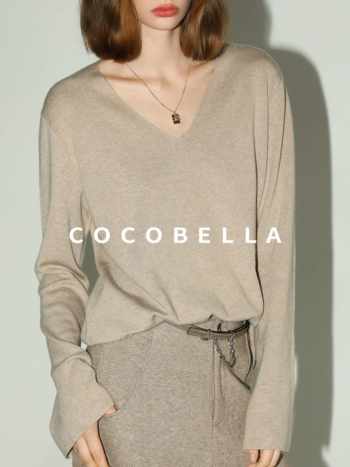 COCOBELLA Soft V Neck Knit Straight Fit Bell Sleeve Workwear Women Wool Blend Sweater