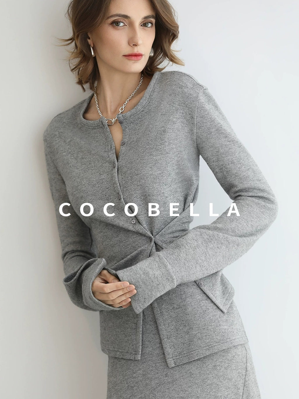 COCOBELLA Soft Viscose Blend Asymmetric Cardigan Women Office Long Sleeve Mist Gray Shirts