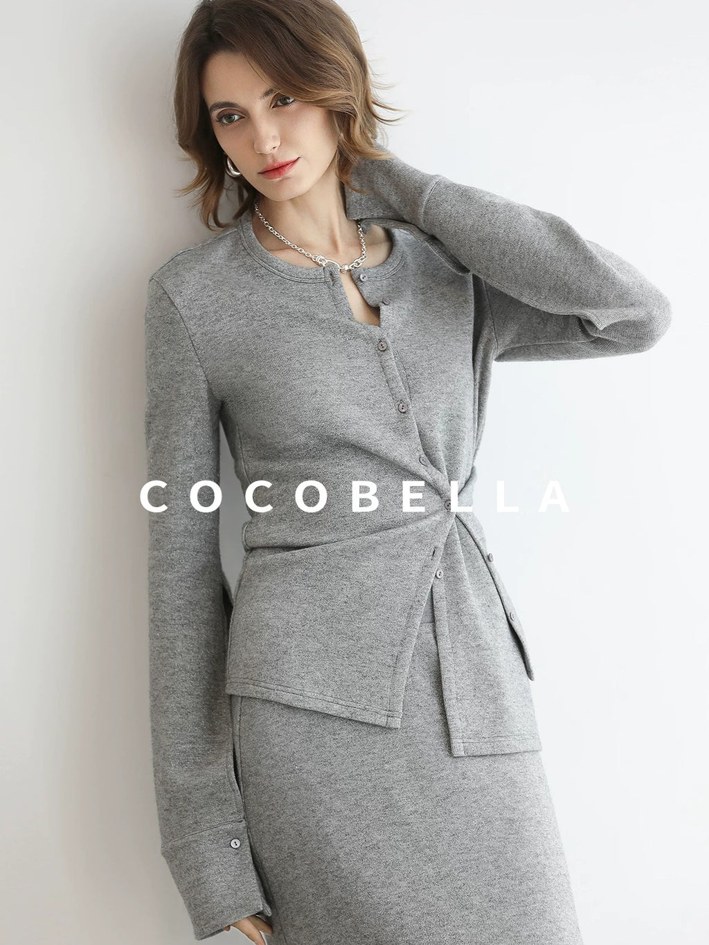 COCOBELLA Soft Viscose Blend Asymmetric Cardigan Women Office Long Sleeve Mist Gray Shirts