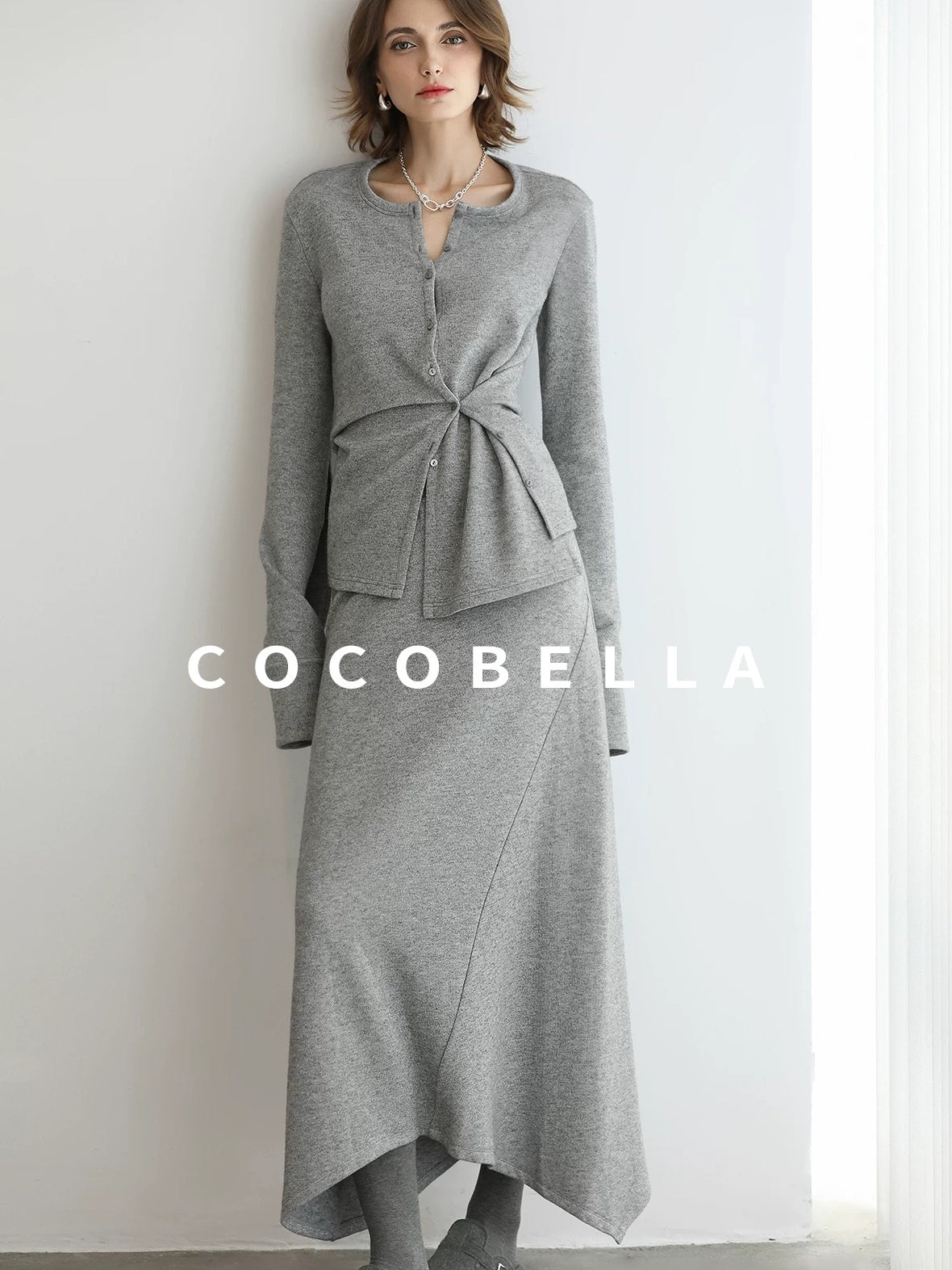COCOBELLA Soft Viscose Blend Asymmetric Cardigan Women Office Long Sleeve Mist Gray Shirts
