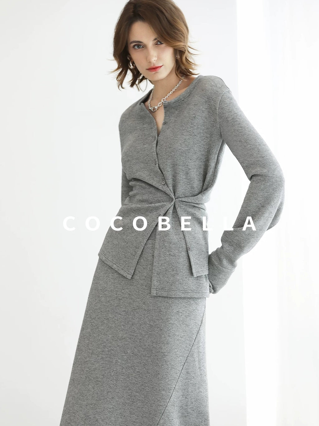 COCOBELLA Soft Viscose Blend Asymmetric Cardigan Women Office Long Sleeve Mist Gray Shirts