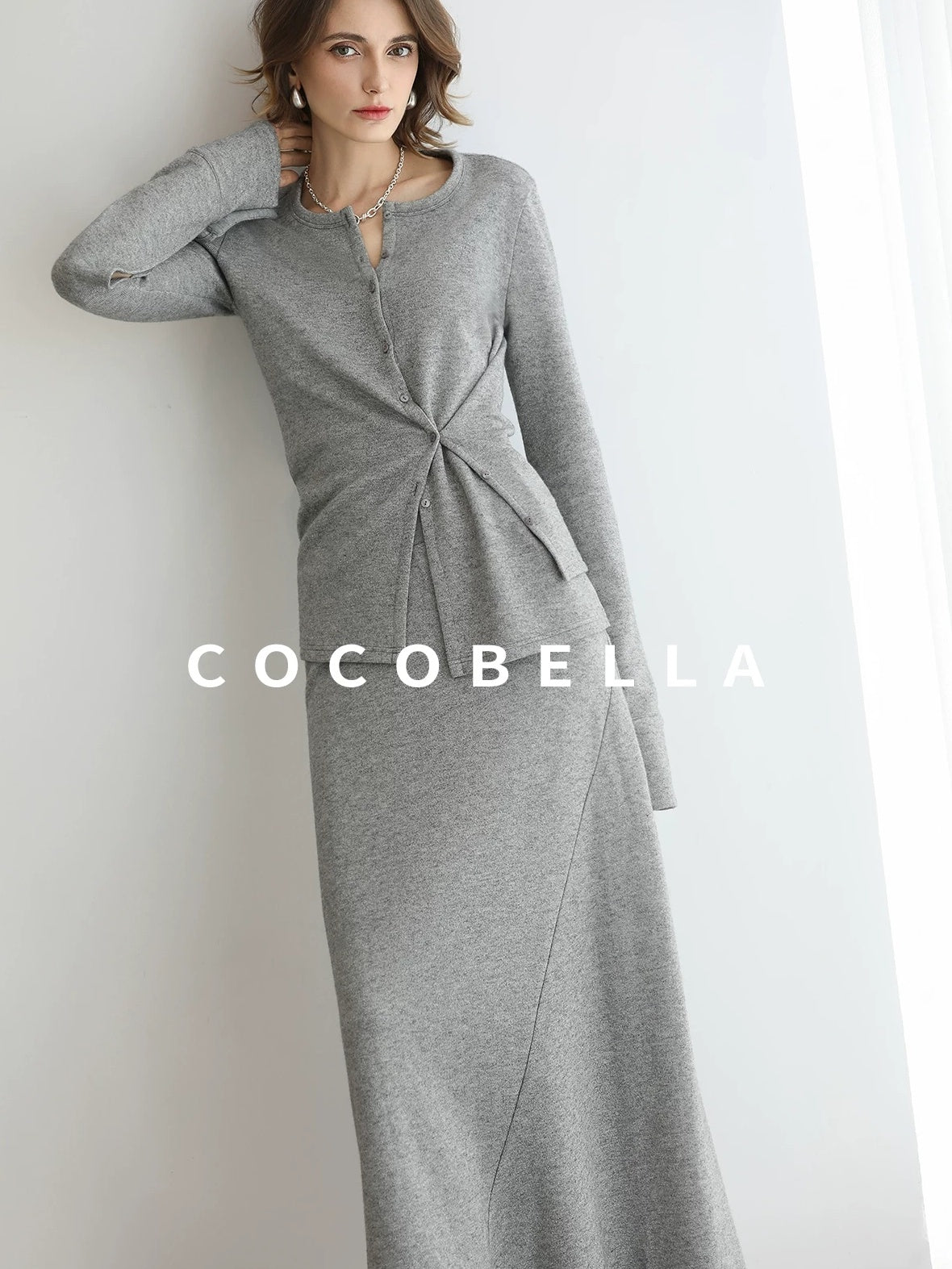 COCOBELLA Soft Viscose Blend Asymmetric Cardigan Women Office Long Sleeve Mist Gray Shirts