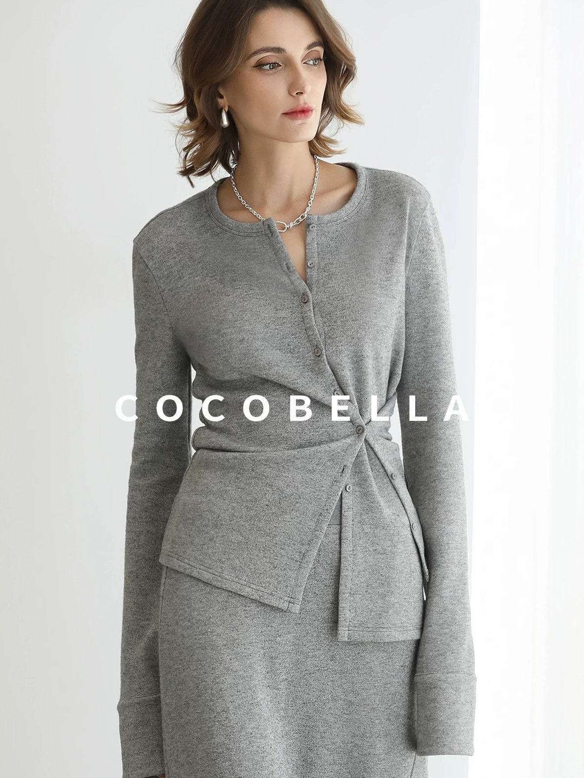 COCOBELLA Soft Viscose Blend Asymmetric Cardigan Women Office Long Sleeve Mist Gray Shirts