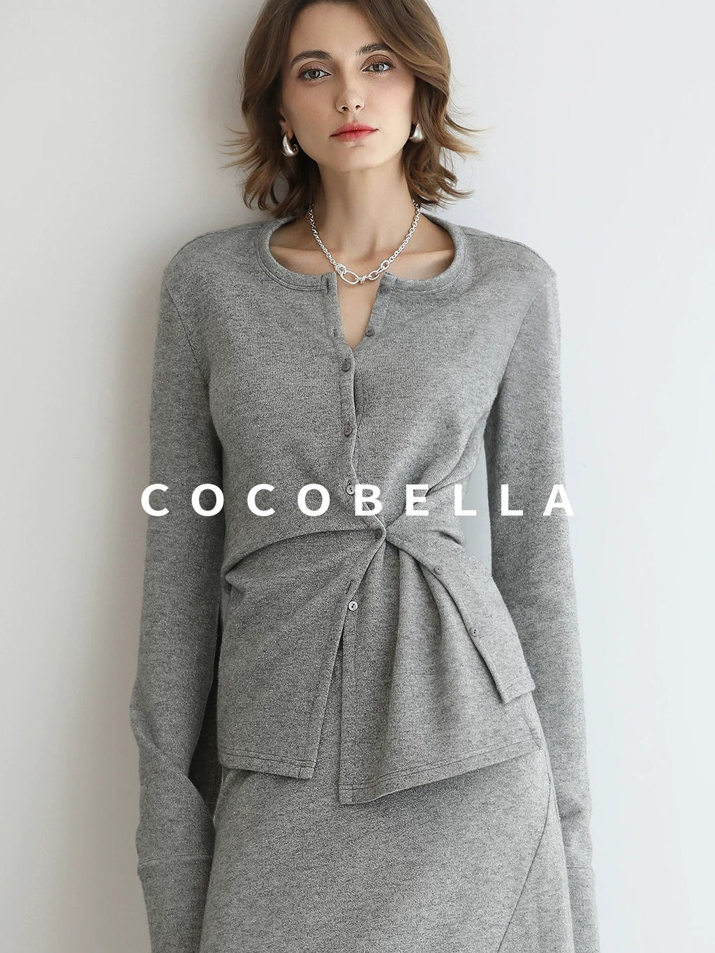 COCOBELLA Soft Viscose Blend Asymmetric Cardigan Women Office Long Sleeve Mist Gray Shirts