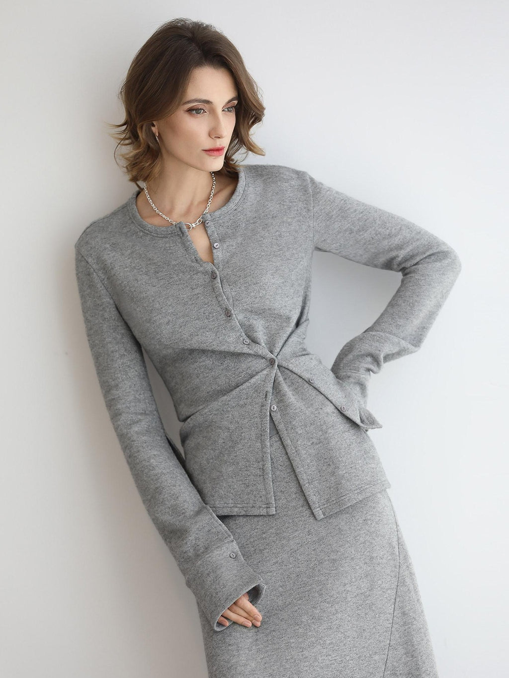 COCOBELLA Soft Viscose Blend Asymmetric Cardigan Women Office Long Sleeve Mist Gray Shirts