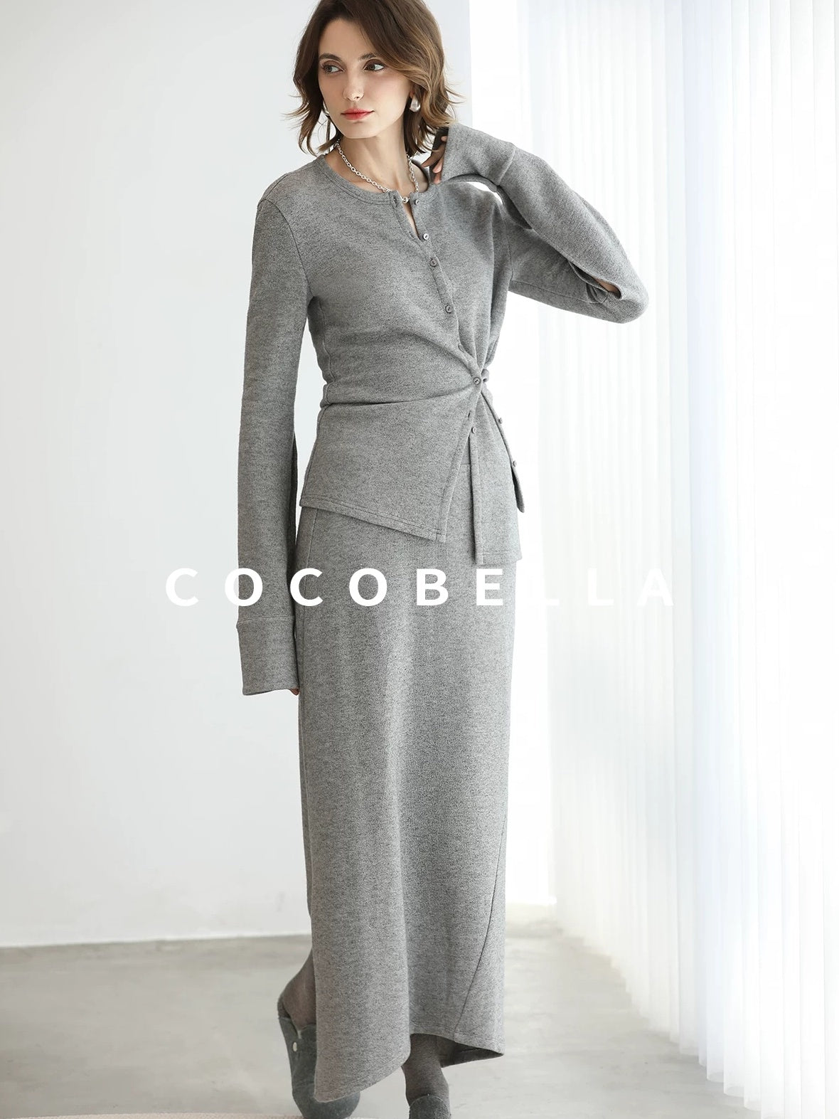 COCOBELLA Soft Viscose Blend Asymmetric Cardigan Women Office Long Sleeve Mist Gray Shirts