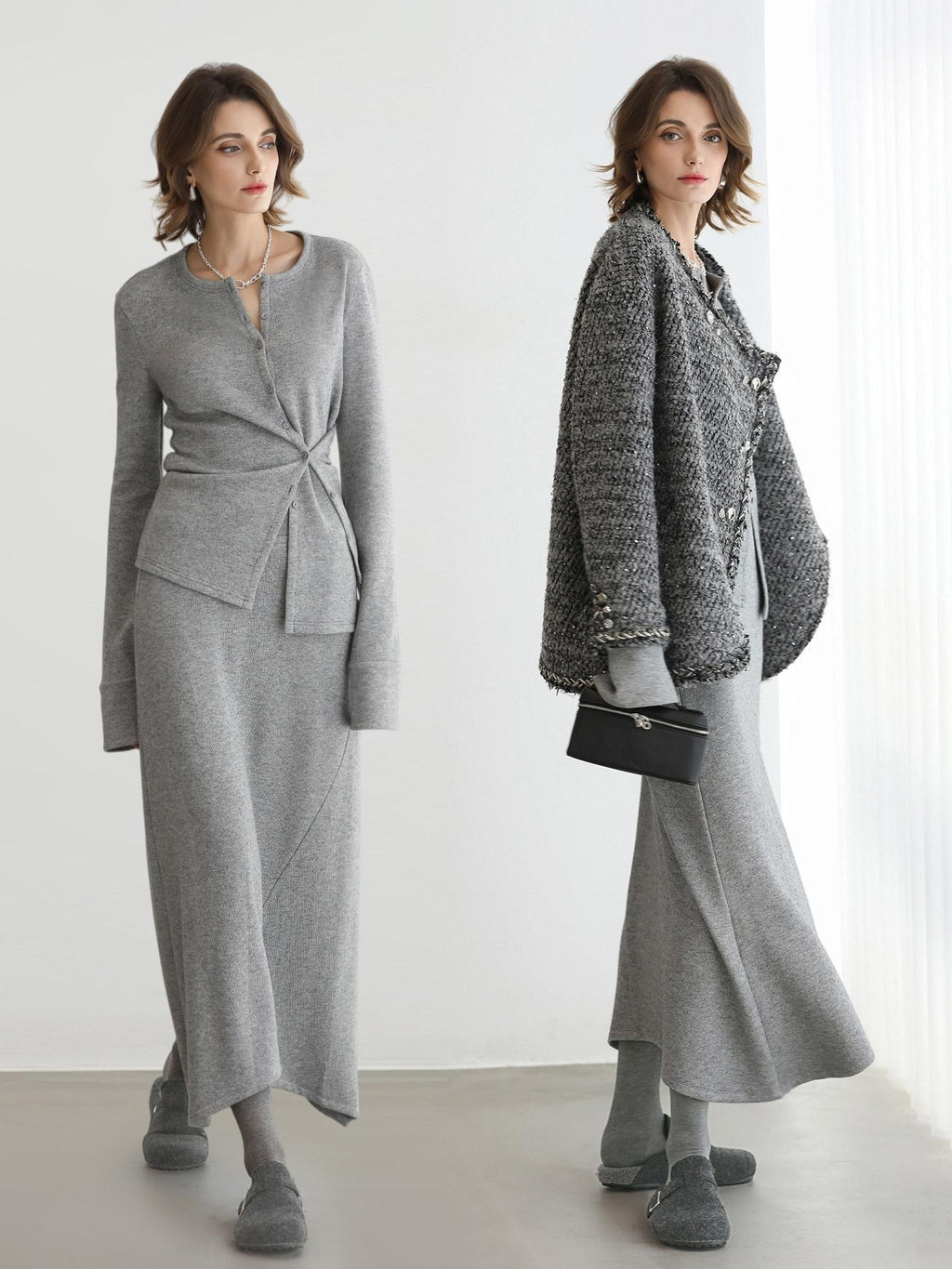 COCOBELLA Soft Viscose Blend Asymmetric Cardigan Women Office Long Sleeve Mist Gray Shirts