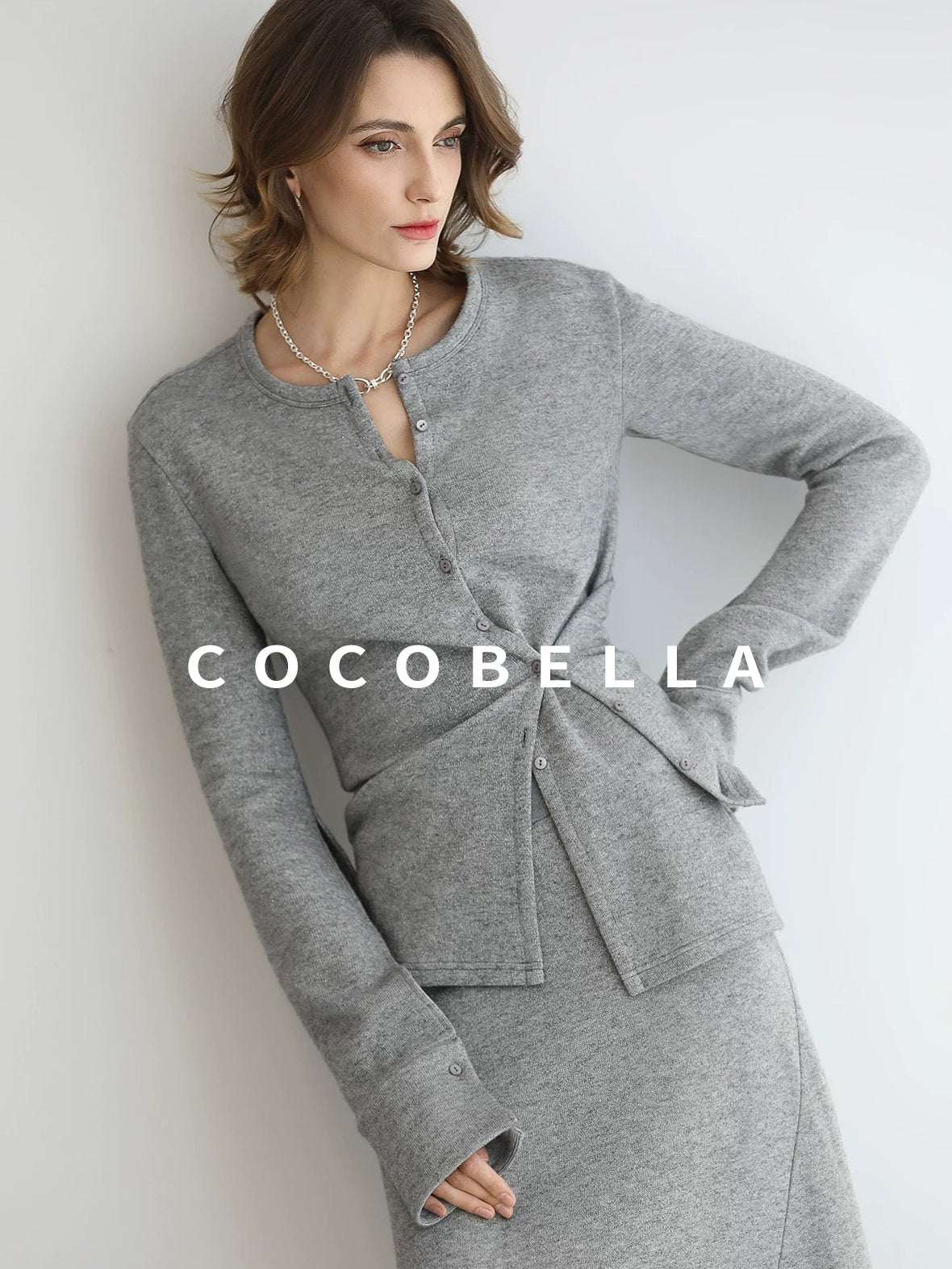 COCOBELLA Soft Viscose Blend Asymmetric Cardigan Women Office Long Sleeve Mist Gray Shirts