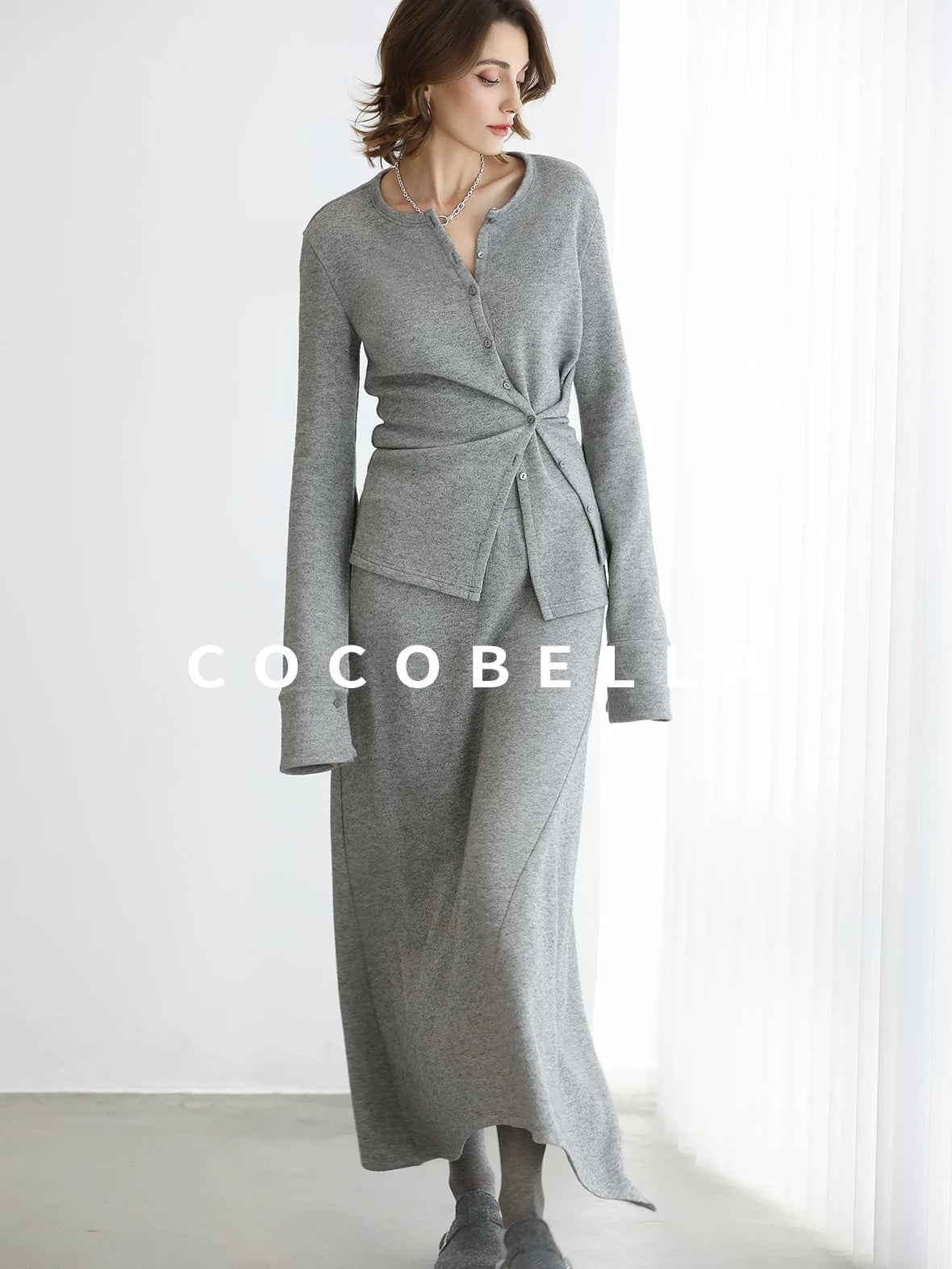 COCOBELLA Soft Viscose Blend Asymmetric Cardigan Women Office Long Sleeve Mist Gray Shirts