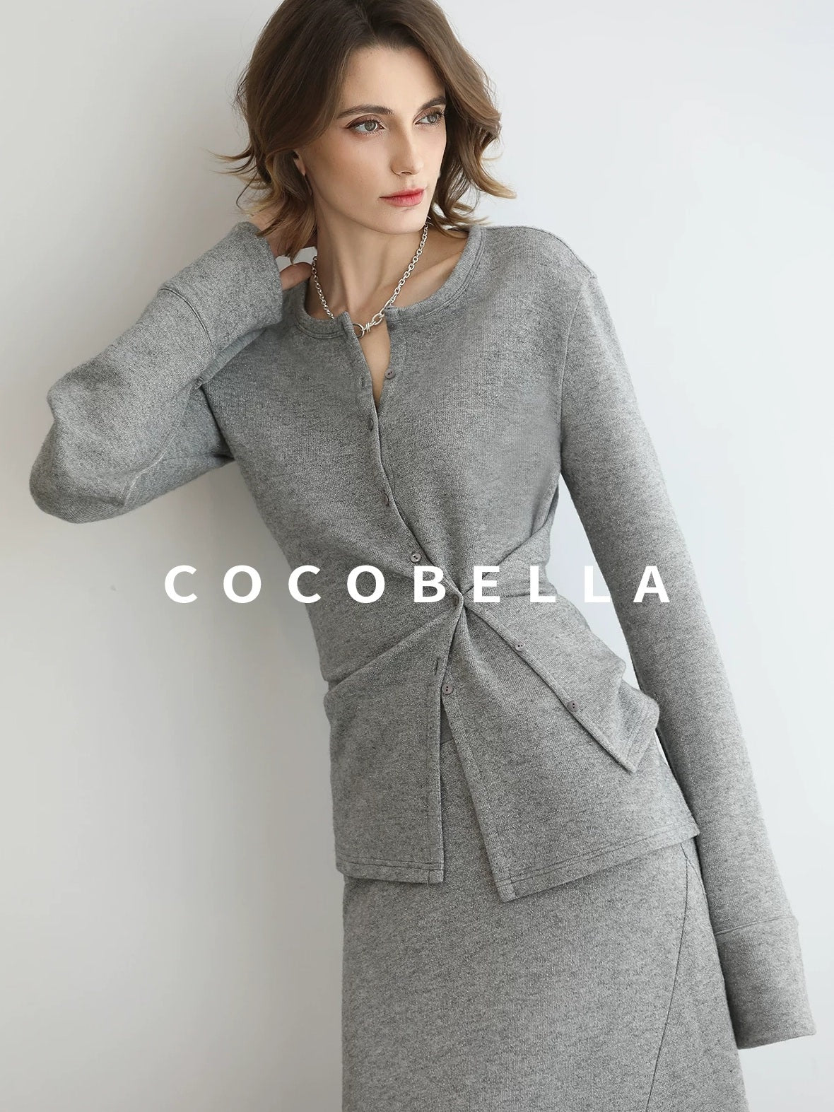 COCOBELLA Soft Viscose Blend Asymmetric Cardigan Women Office Long Sleeve Mist Gray Shirts
