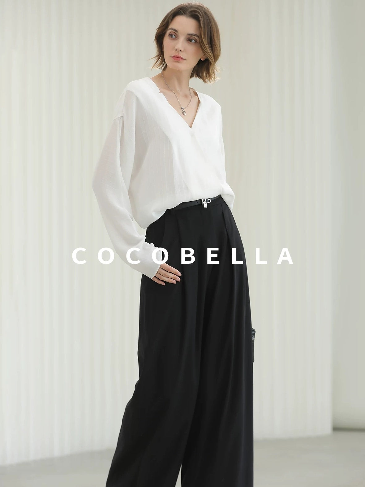 COCOBELLA Soft Viscose Blend Loose Fit V Neck Long Sleeve Button Topstitch Women T-Shirts