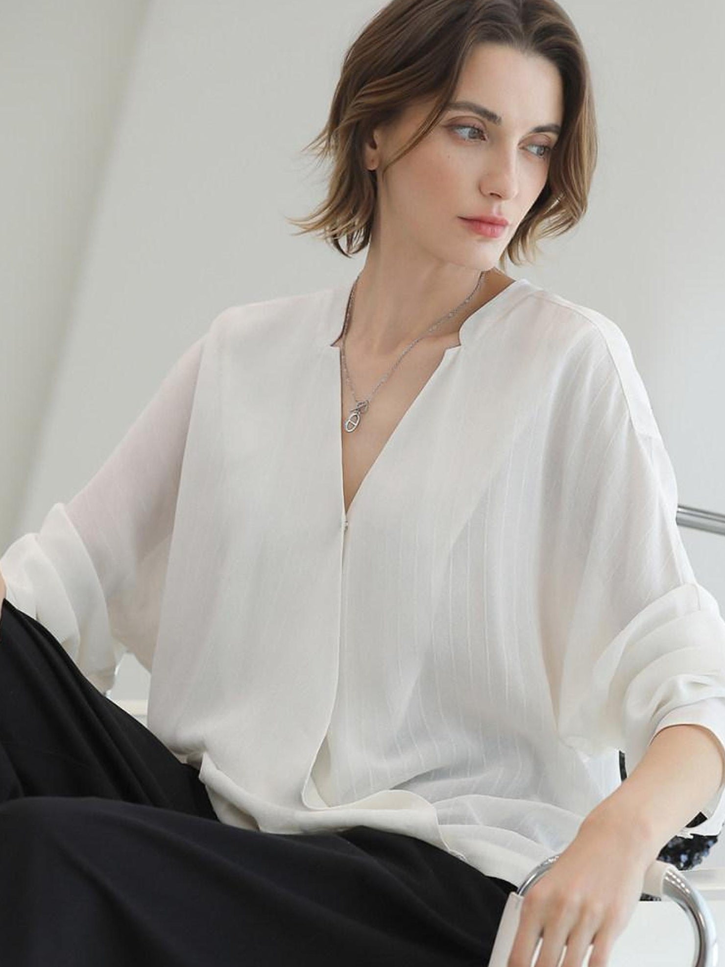 COCOBELLA Soft Viscose Blend Loose Fit V Neck Long Sleeve Button Topstitch Women T-Shirts