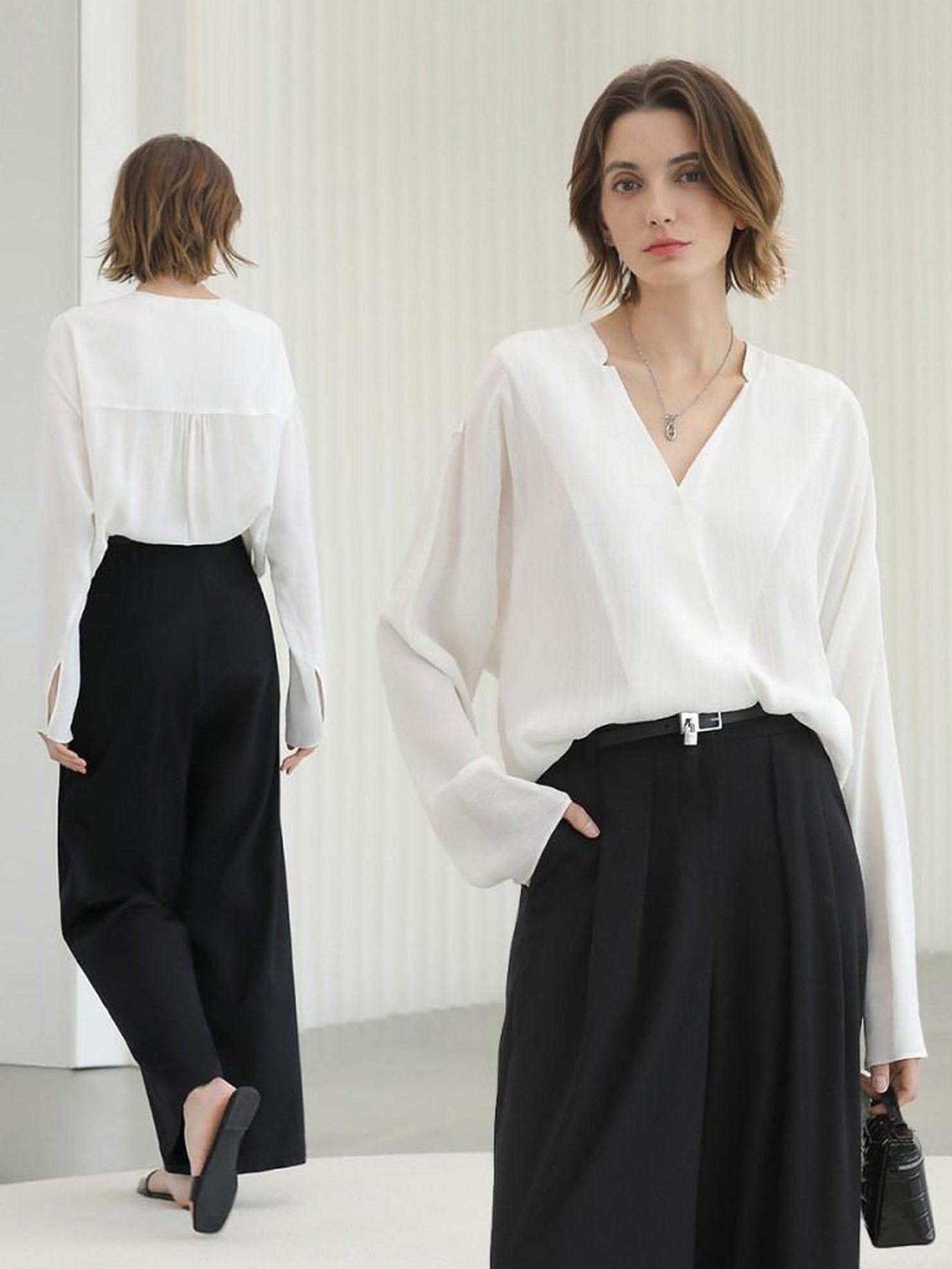 COCOBELLA Soft Viscose Blend Loose Fit V Neck Long Sleeve Button Topstitch Women T-Shirts