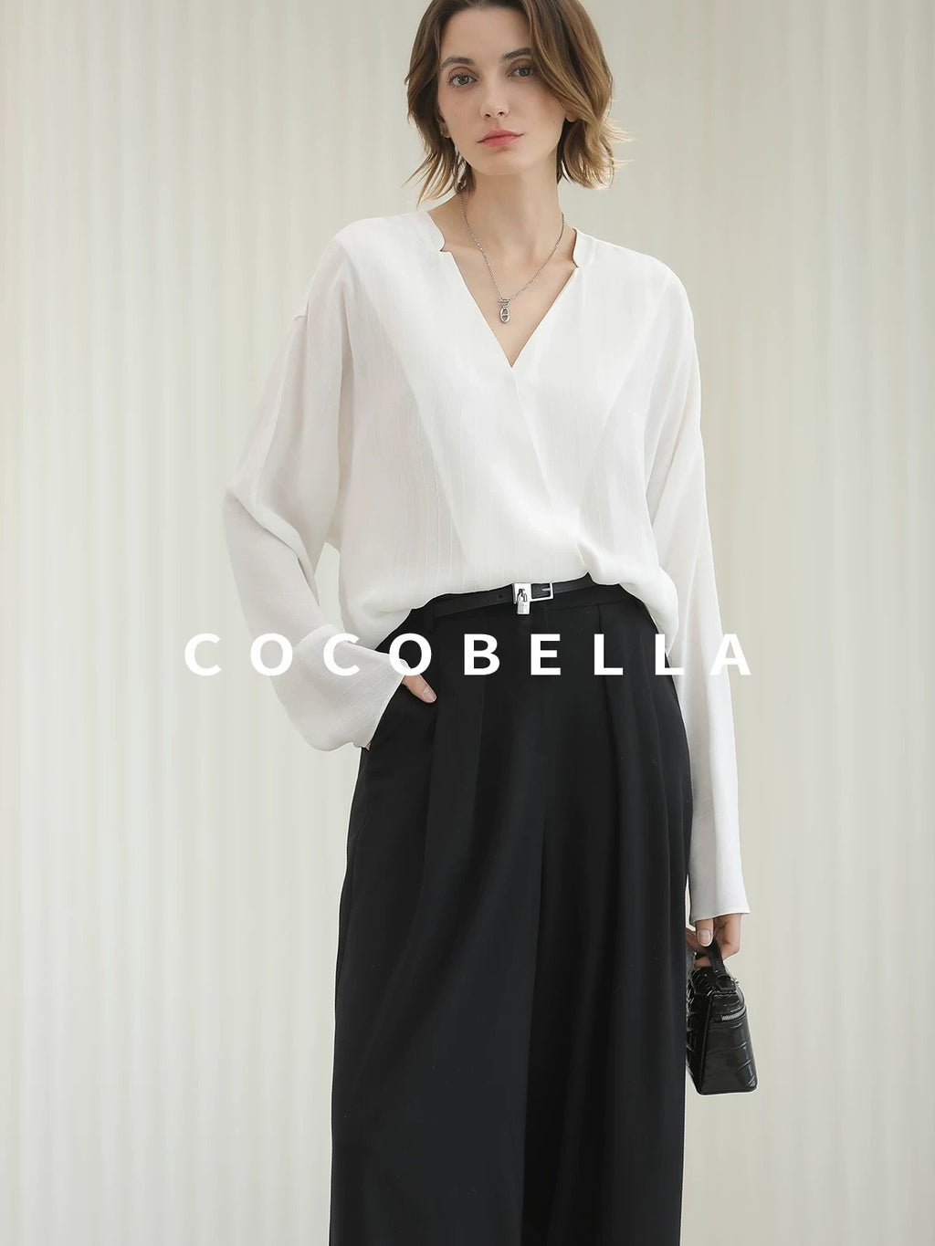 COCOBELLA Soft Viscose Blend Loose Fit V Neck Long Sleeve Button Topstitch Women T-Shirts