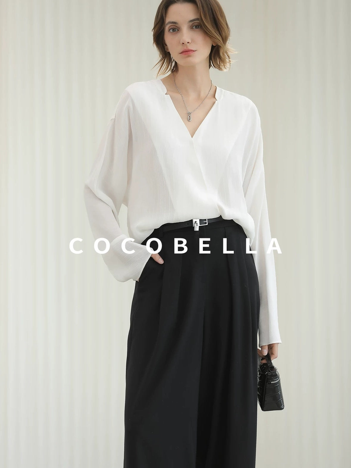 COCOBELLA Soft Viscose Blend Loose Fit V Neck Long Sleeve Button Topstitch Women T-Shirts