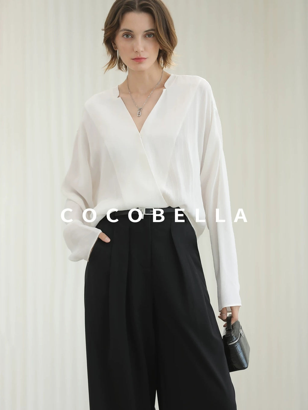 COCOBELLA Soft Viscose Blend Loose Fit V Neck Long Sleeve Button Topstitch Women T-Shirts
