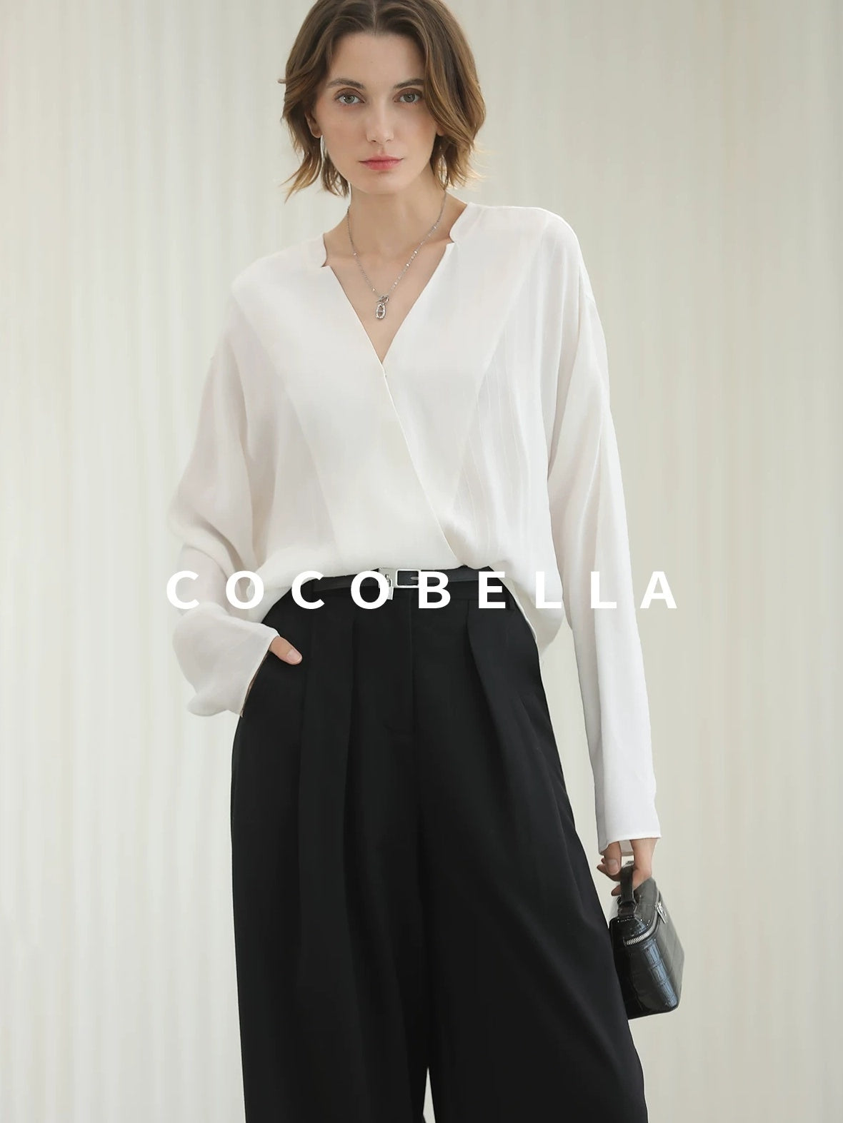 COCOBELLA Soft Viscose Blend Loose Fit V Neck Long Sleeve Button Topstitch Women T-Shirts