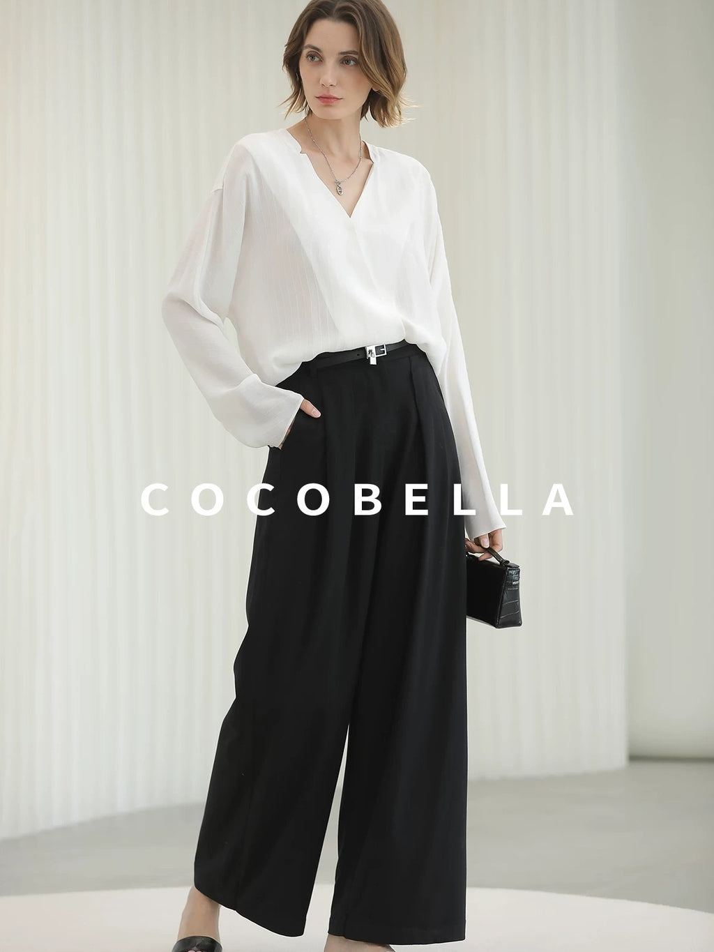 COCOBELLA Soft Viscose Blend Loose Fit V Neck Long Sleeve Button Topstitch Women T-Shirts