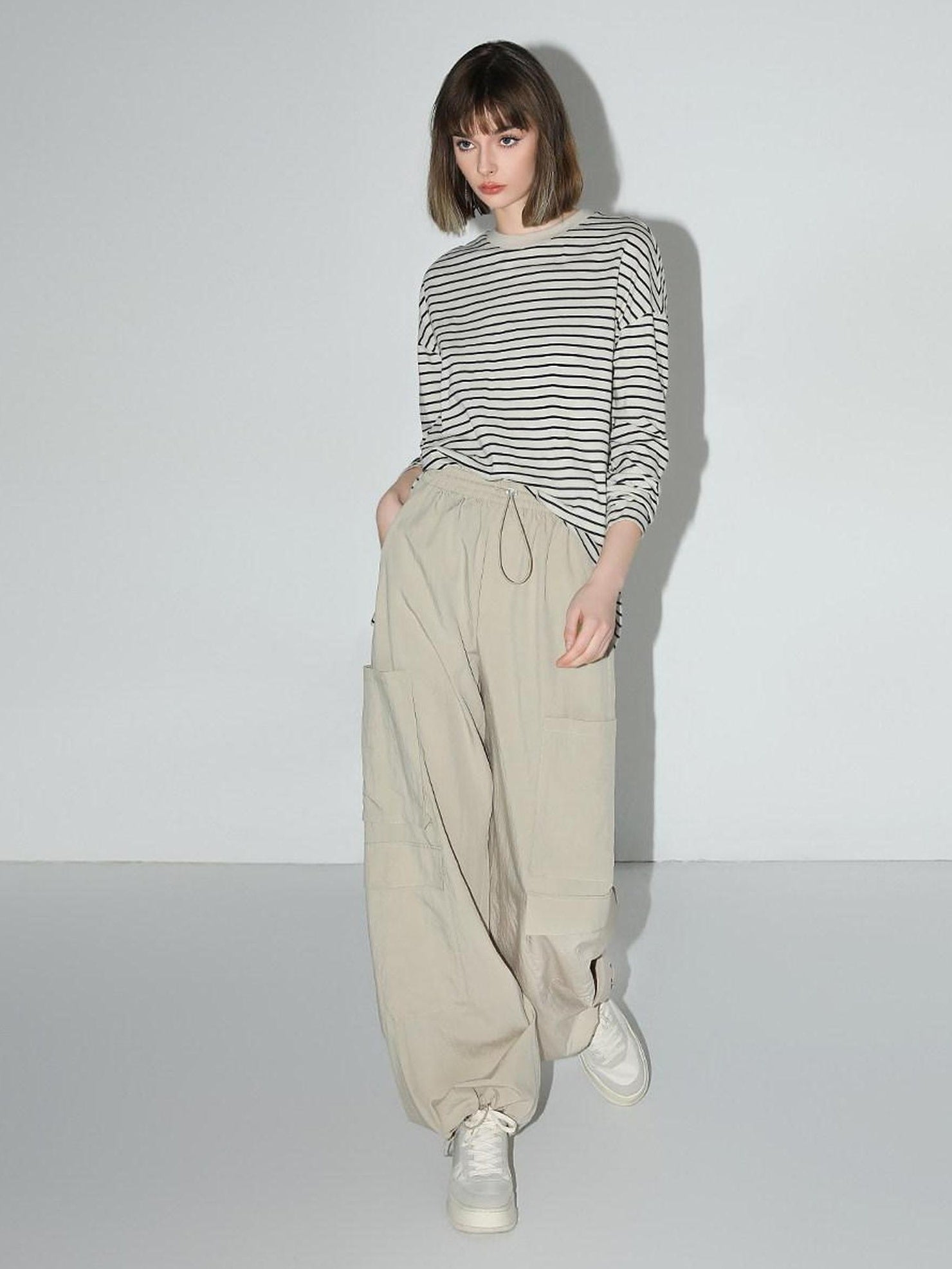 COCOBELLA Soft Viscose Nylon Blend Pocket Cargo Wide Leg Natural Waist Women Khaki Pants