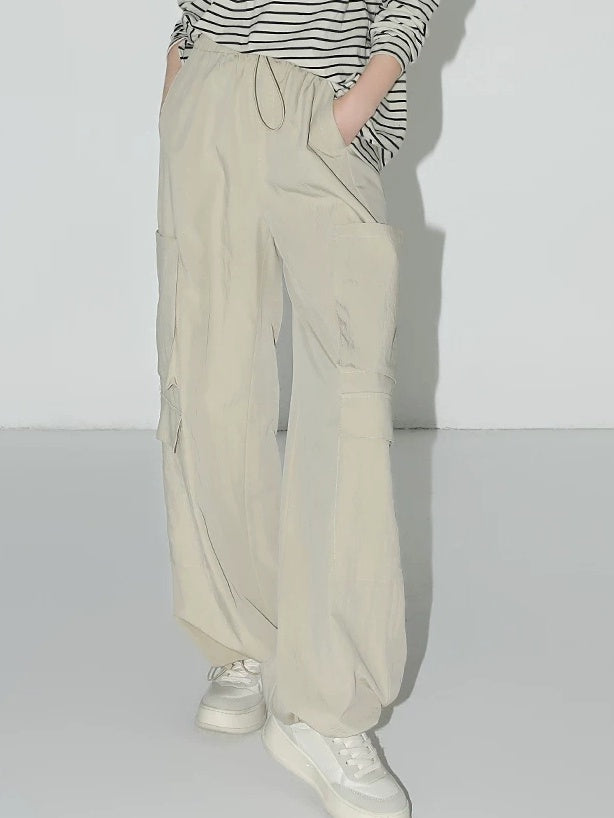 COCOBELLA Soft Viscose Nylon Blend Pocket Cargo Wide Leg Natural Waist Women Khaki Pants